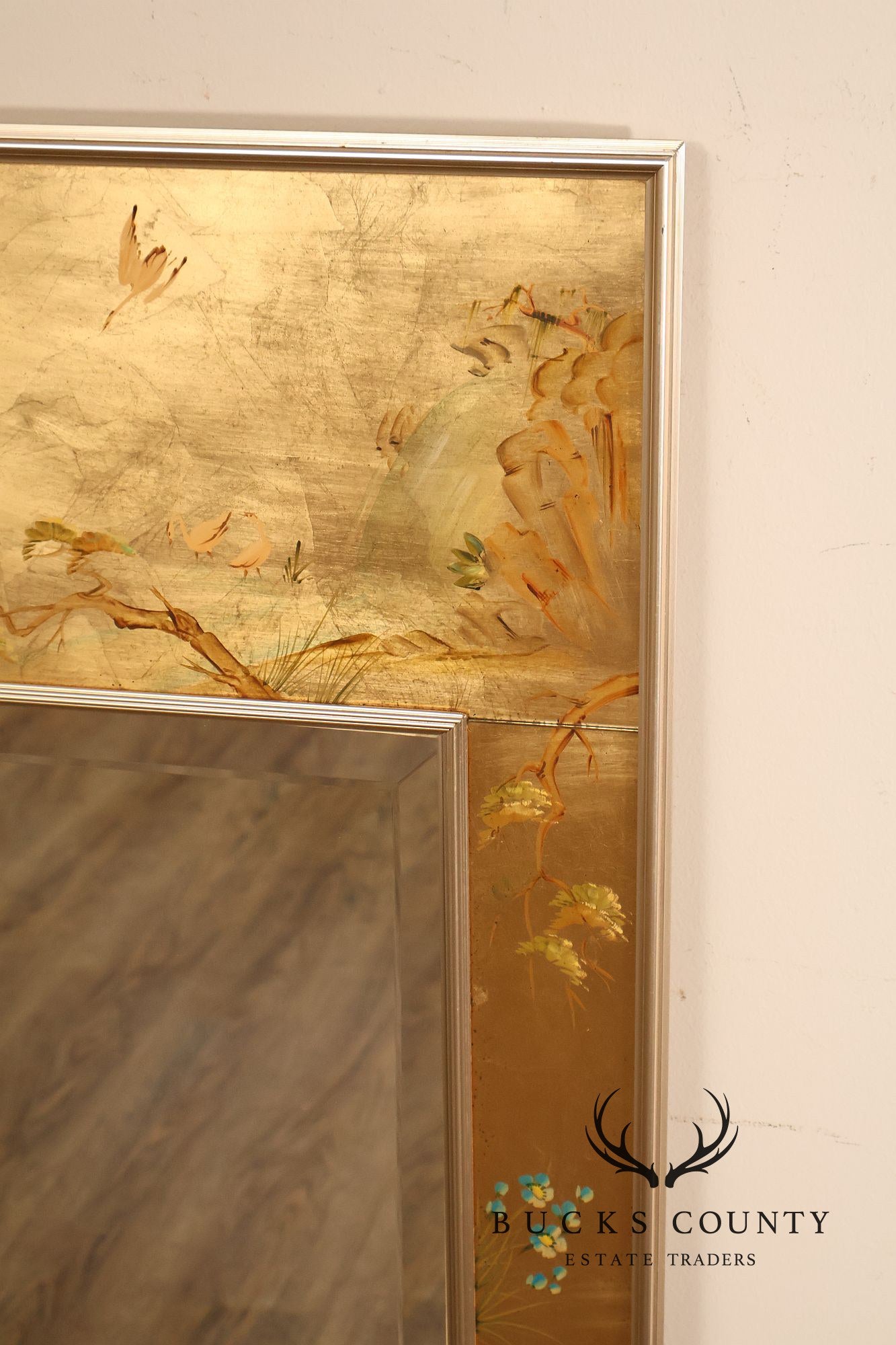 LaBarge Chinoiserie Eglomise Brass Wall Mirror