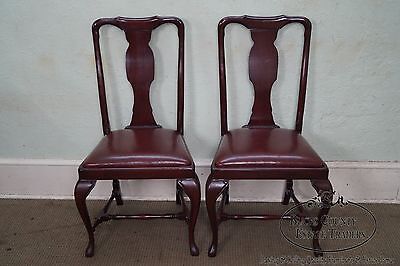 Custom Quality Leather Seat Pair of Queen Anne Side Chairs