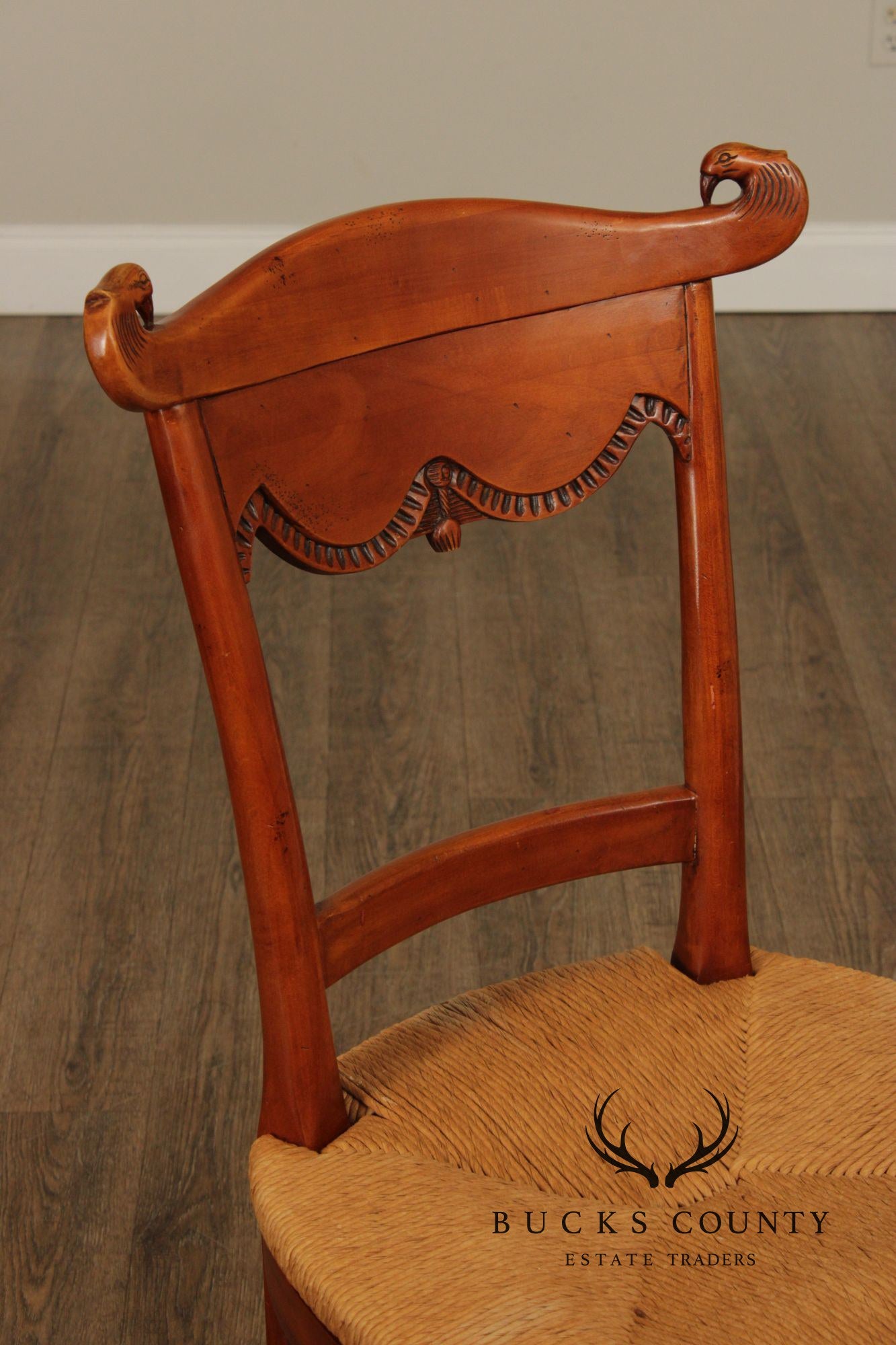 Federal Style Set of Four Eagle-Carved Rush Seat Dining Chairs