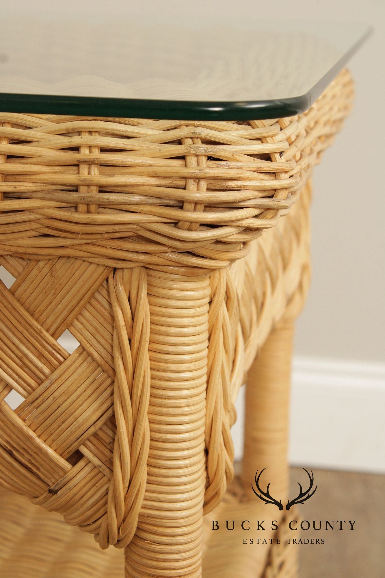 Vintage Pair of Glass Top Wicker End Tables