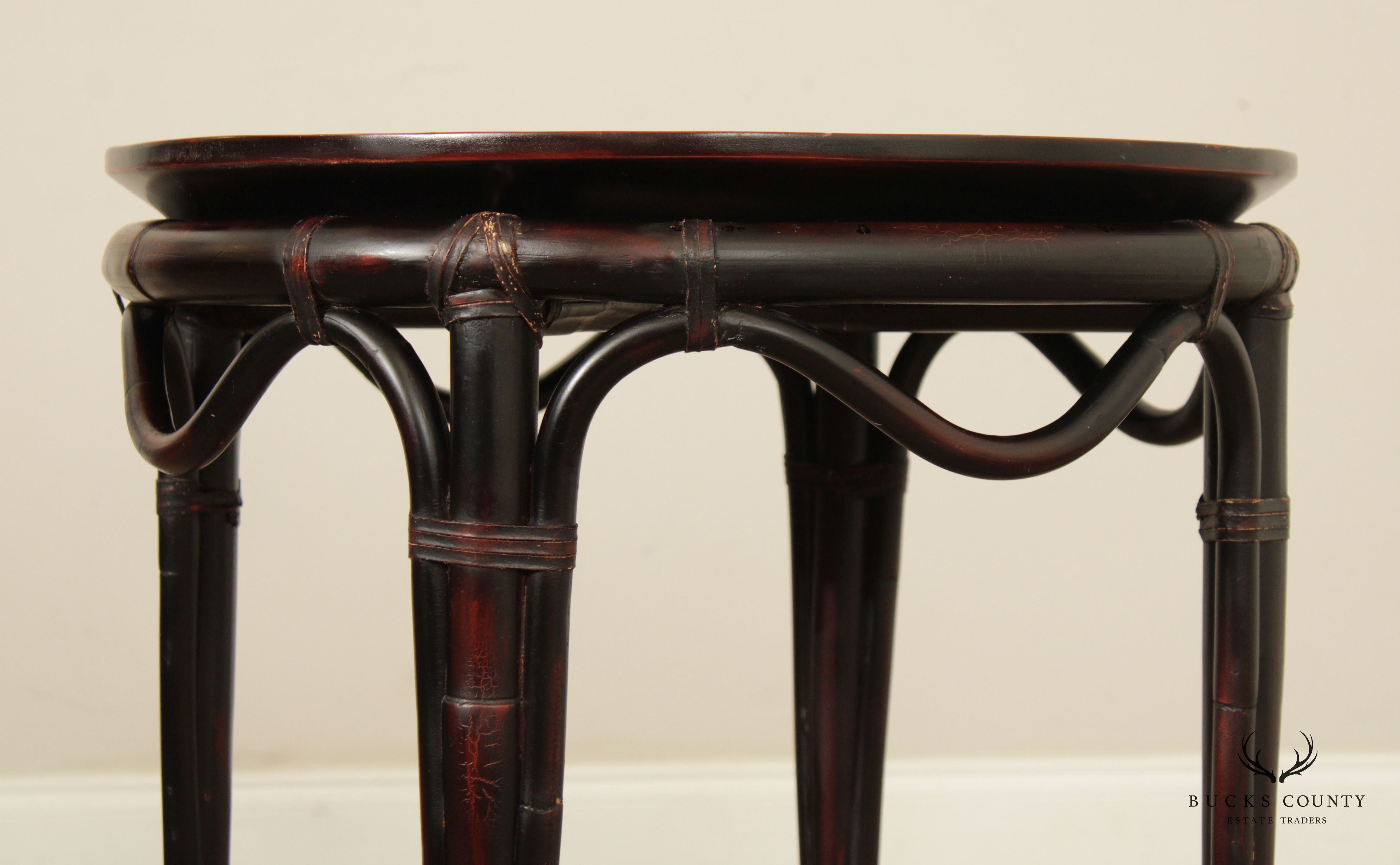 Vintage Chinese Black Lacquered Bamboo Round Tray Table