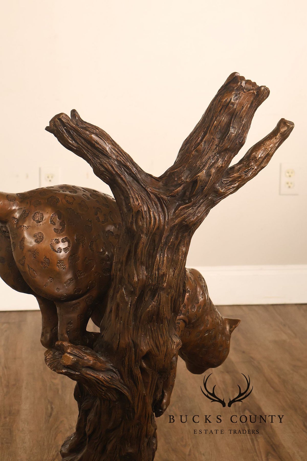 Large Bronze Leopard Sculpture On Tree Stump Base