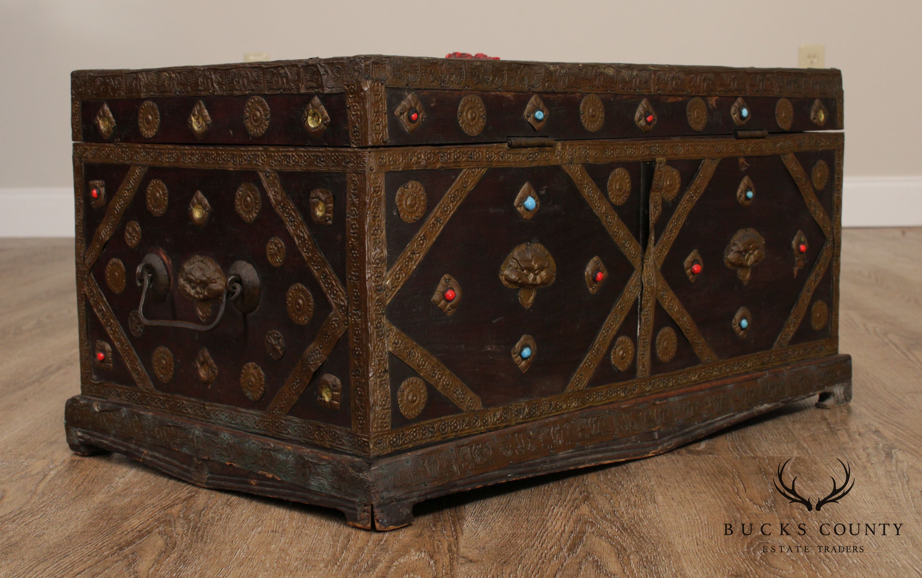 19th Century Tibetan Turquoise and Red Coral Decorated Travel Chest