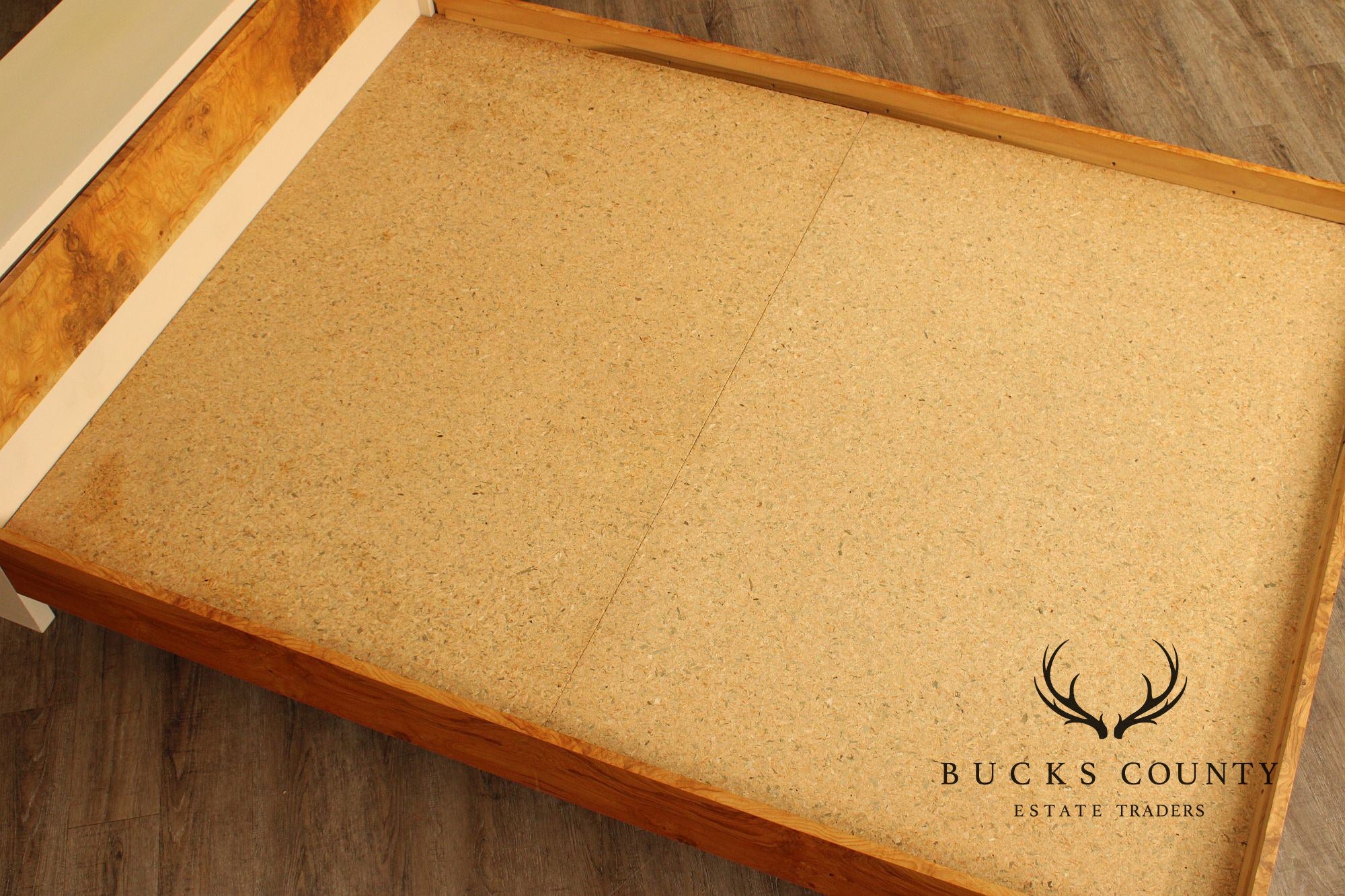 Pace Collection Mid Century Modern Burlwood Queen Size Platform Bed With Floating Headboard And Nightstands