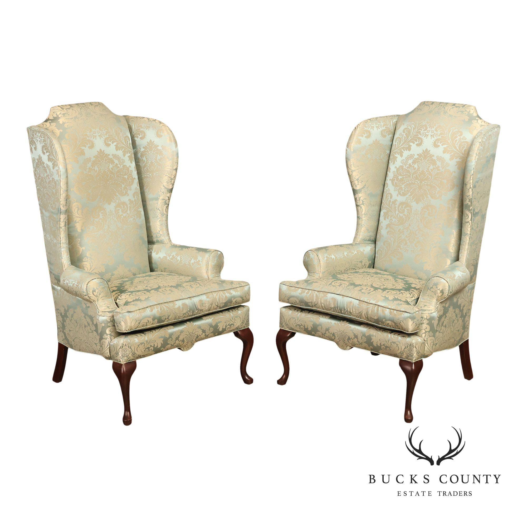 Quality Vintage Pair Of High Back Damask Upholstered Wing Chairs