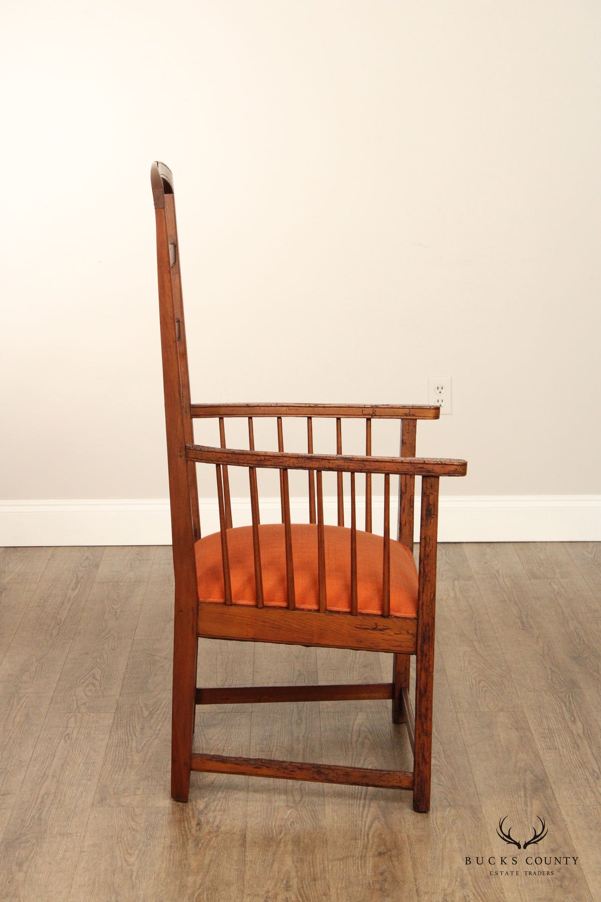 Antique Arts And Crafts Distressed Oak Tall Ladder Back Armchair