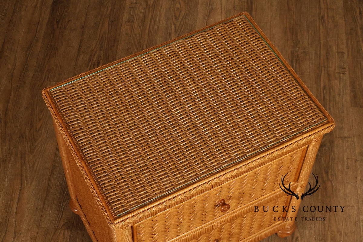 Coastal Style Pair Of Wicker And Cane Two Drawer Nightstands With Glass Tops