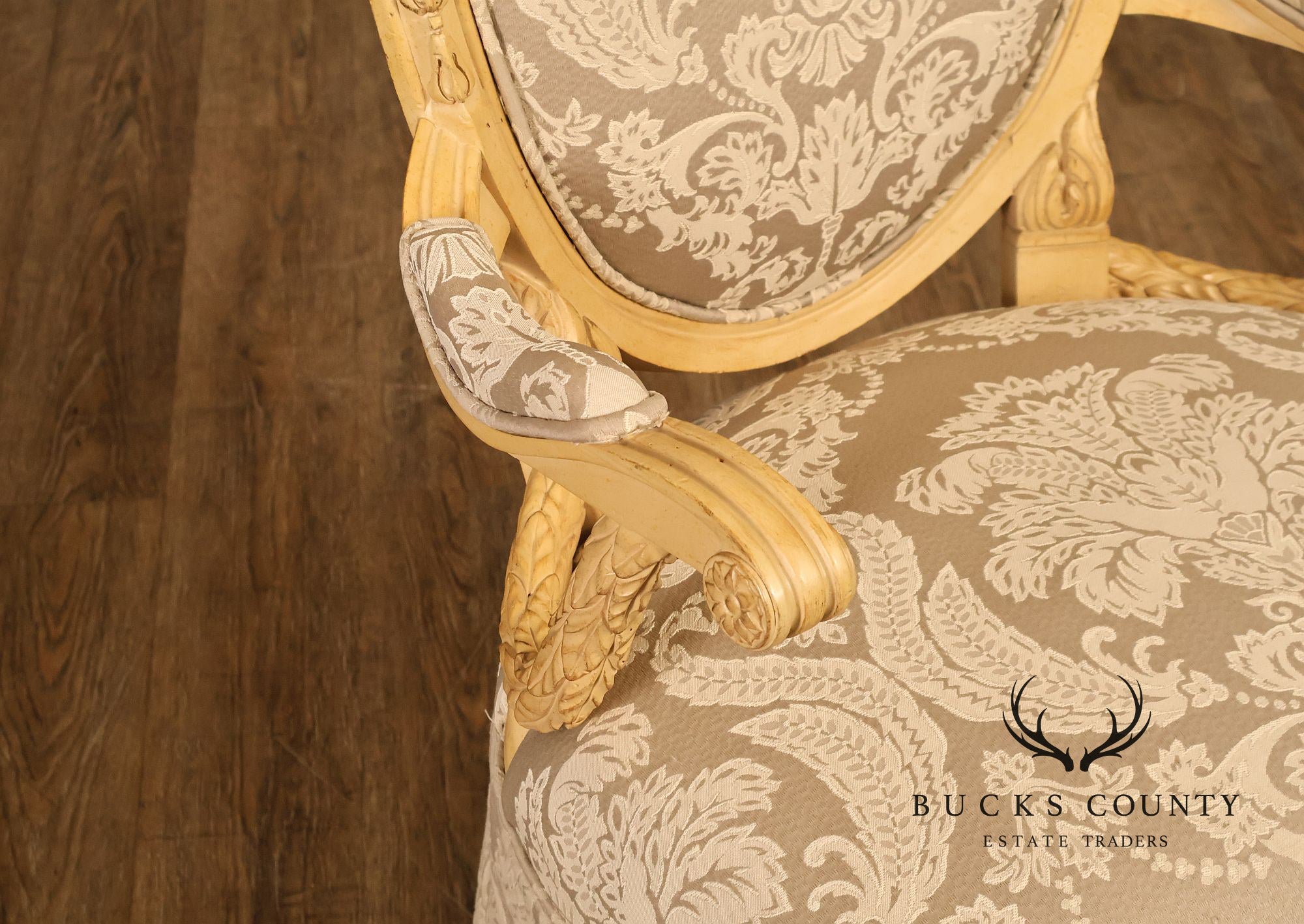 Louis XVI Style Pair Of Painted Oval Back Armchairs With Upholstered Seats