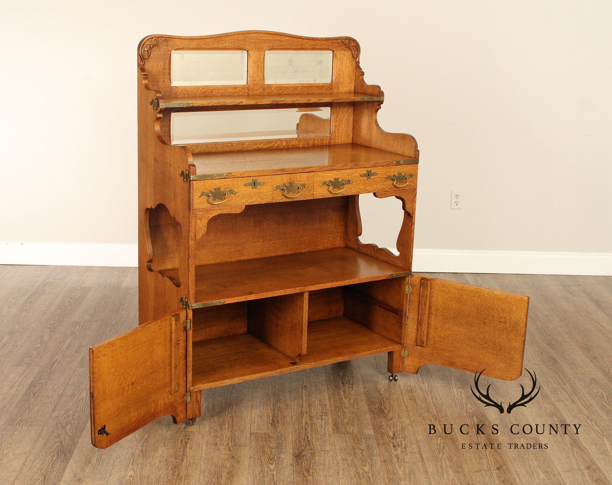 Antique Victorian Golden Oak Sideboard With Mirrored Back