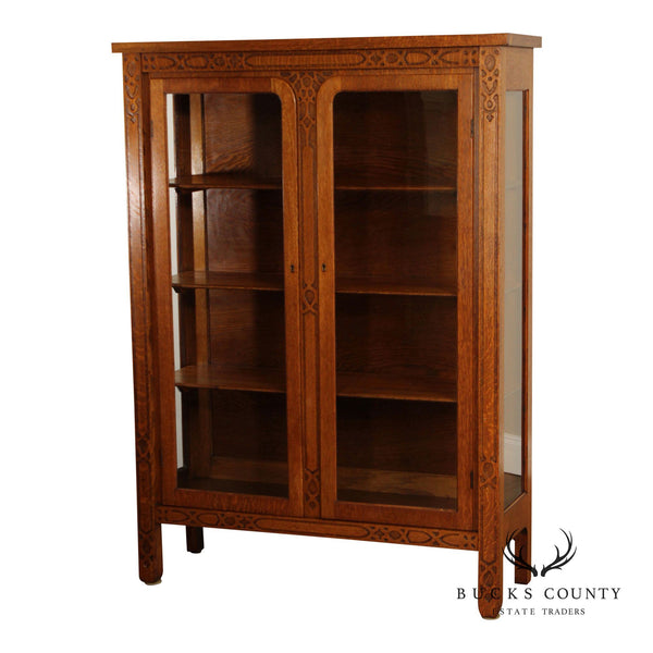 Arts and Crafts Antique Golden Oak Two-Door China Cabinet Bookcase