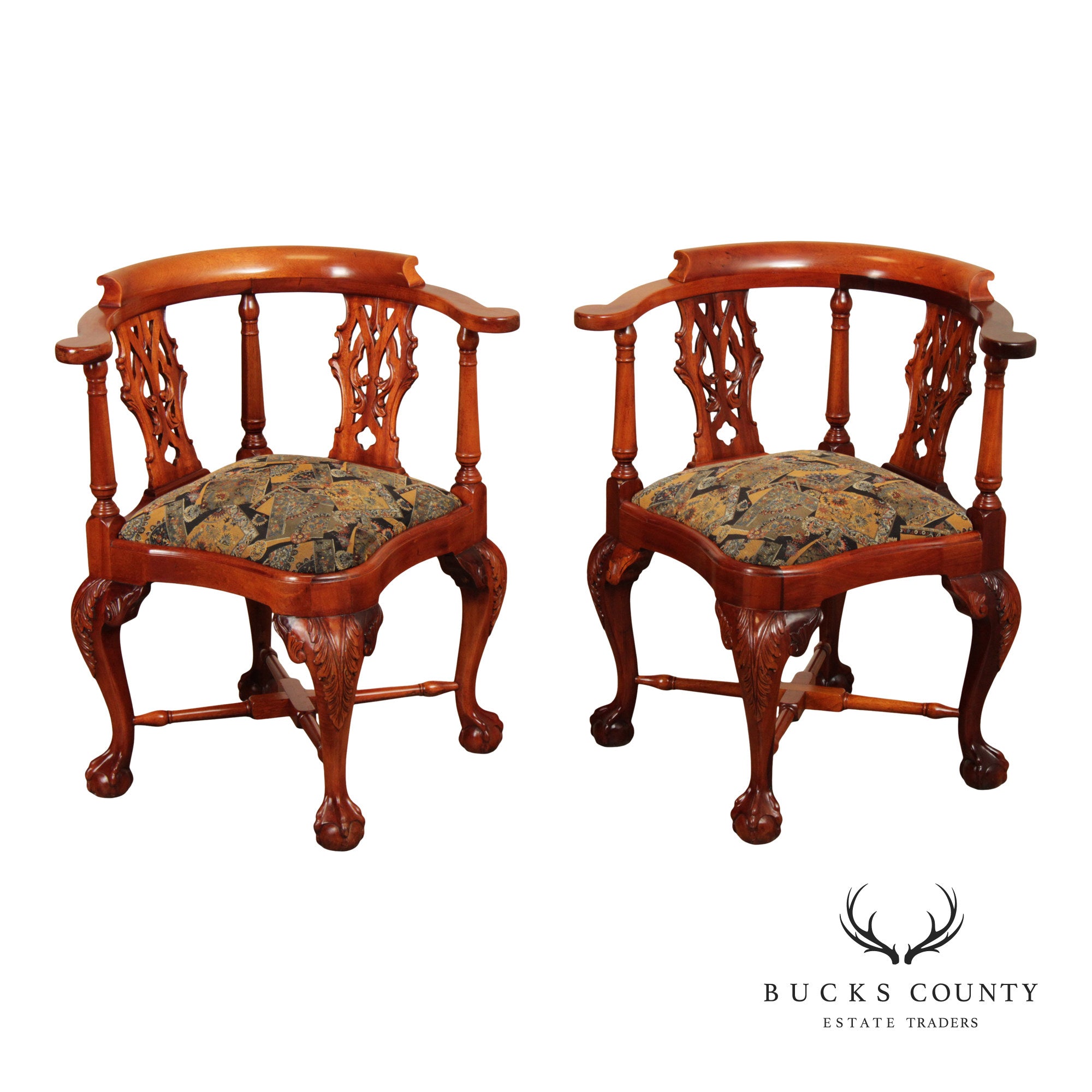 Chippendale Style Pair Of Mahogany Ball And Claw Corner Chairs