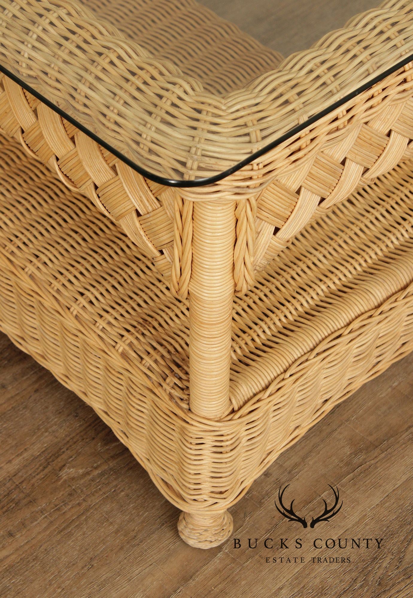 Vintage Pair of Glass Top Wicker End Tables