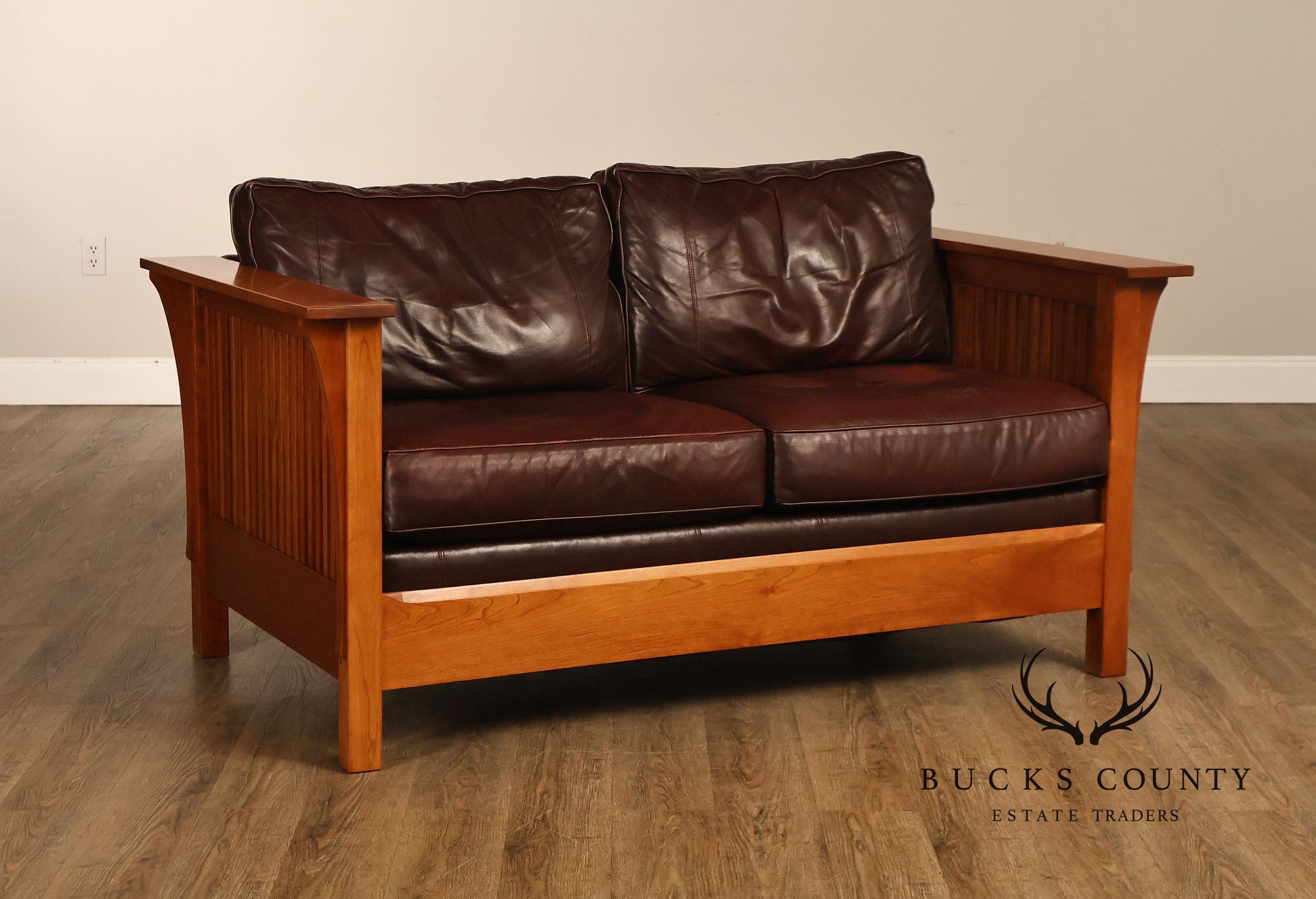 Stickley Mission Collection Cherry Wood Spindle Frame Leather Loveseat