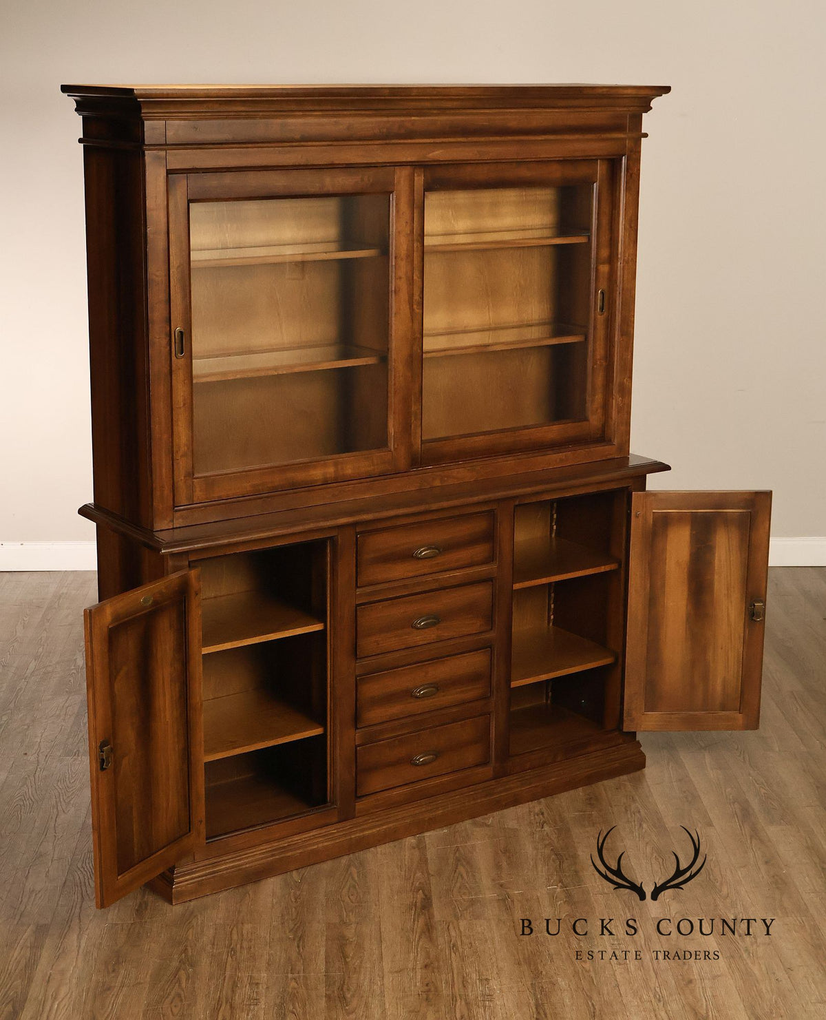 Arhaus Tuscan Italian Walnut Buffet With Sliding Glass Door Hutch