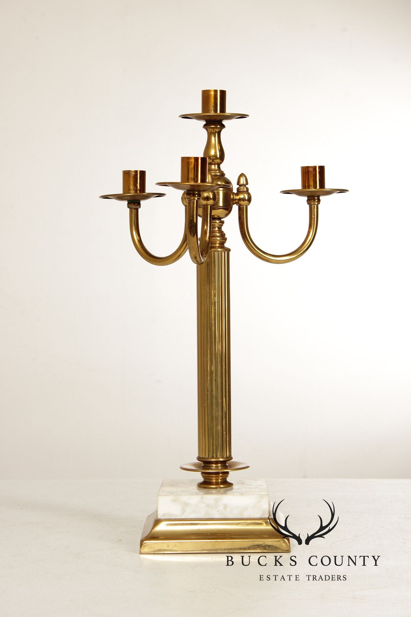 Classical Style Vintage Pair of Brass and Marble Candelabra
