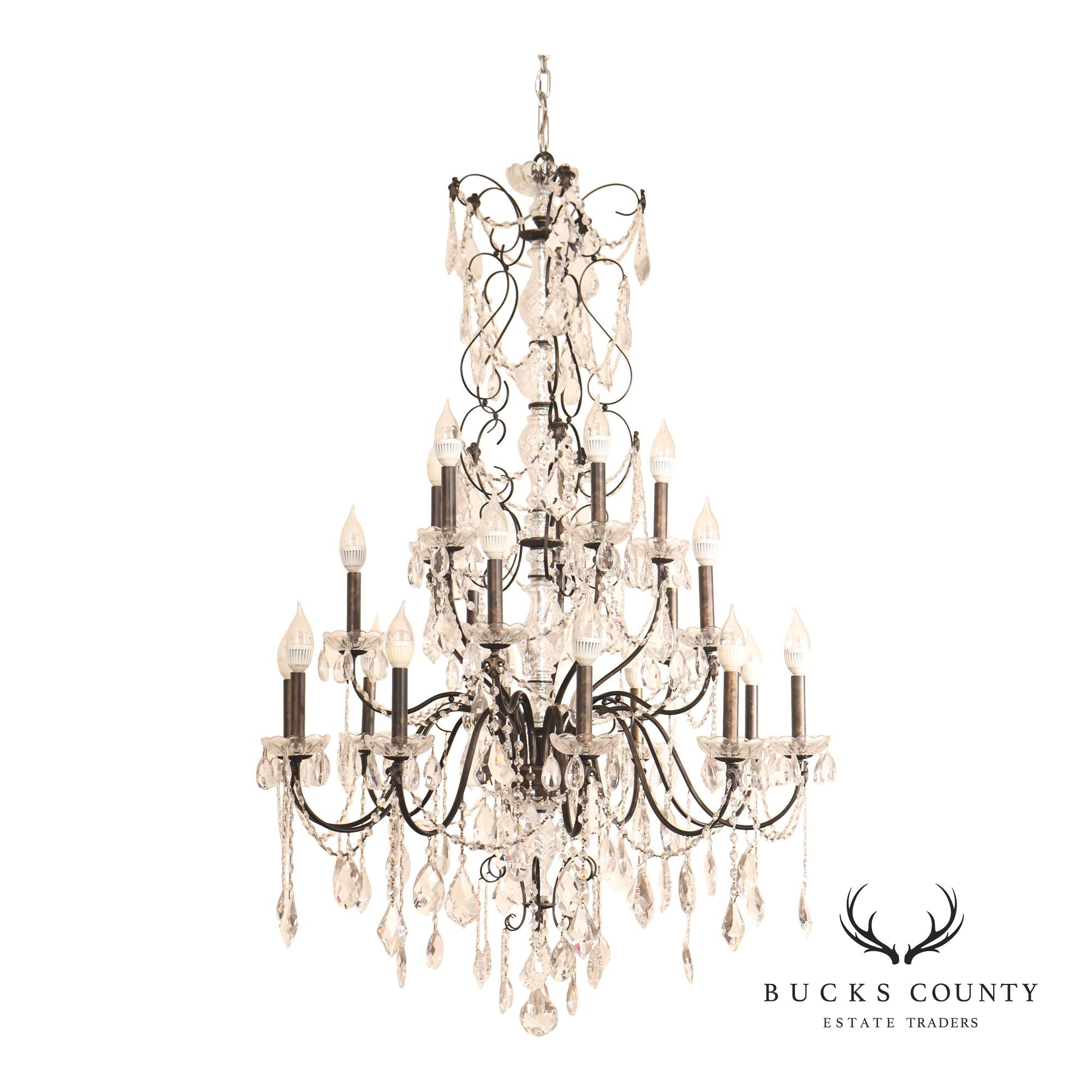 Large Twenty-Light Crystal And Wrought Iron 55" Chandelier