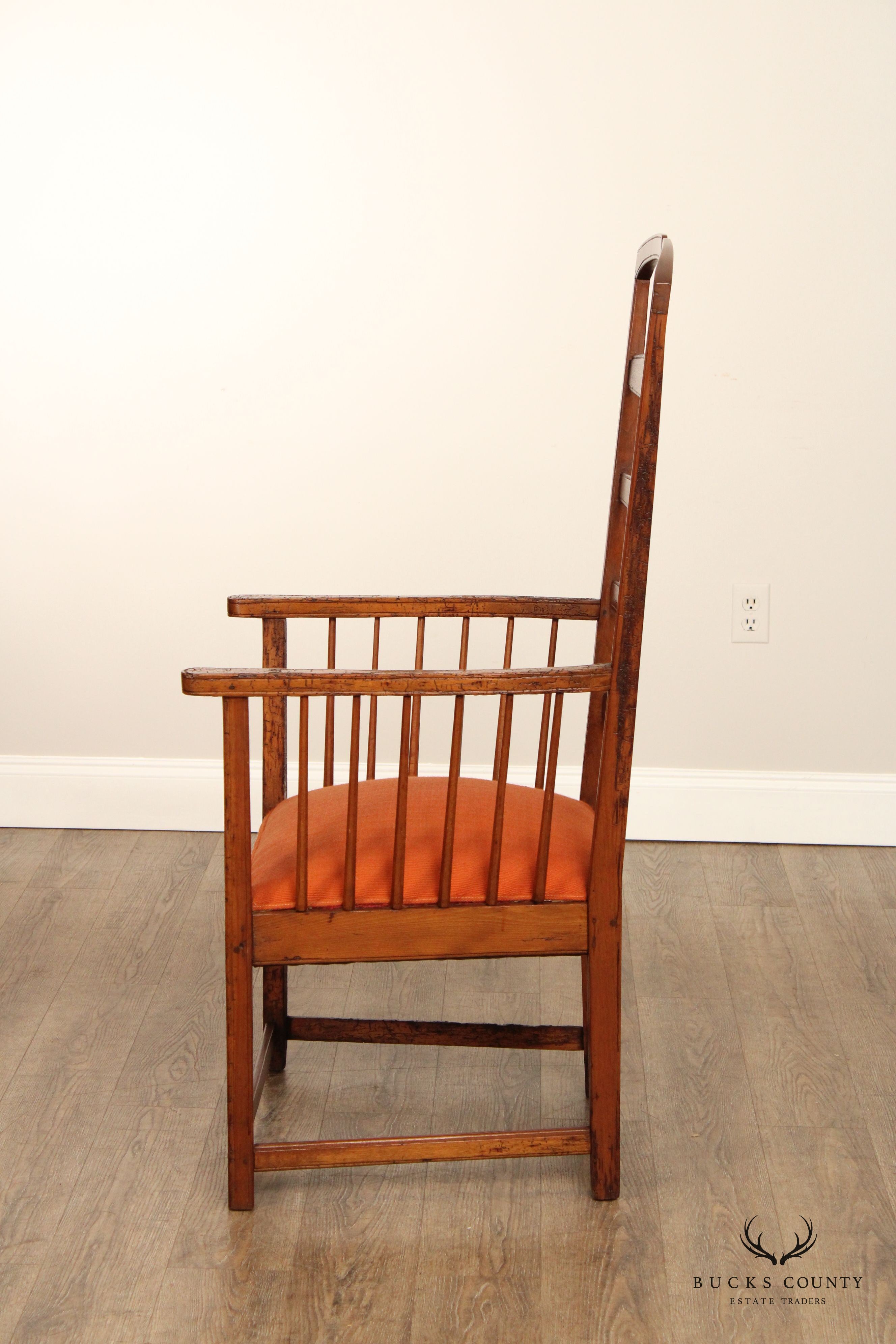 Antique Arts And Crafts Distressed Oak Tall Ladder Back Armchair