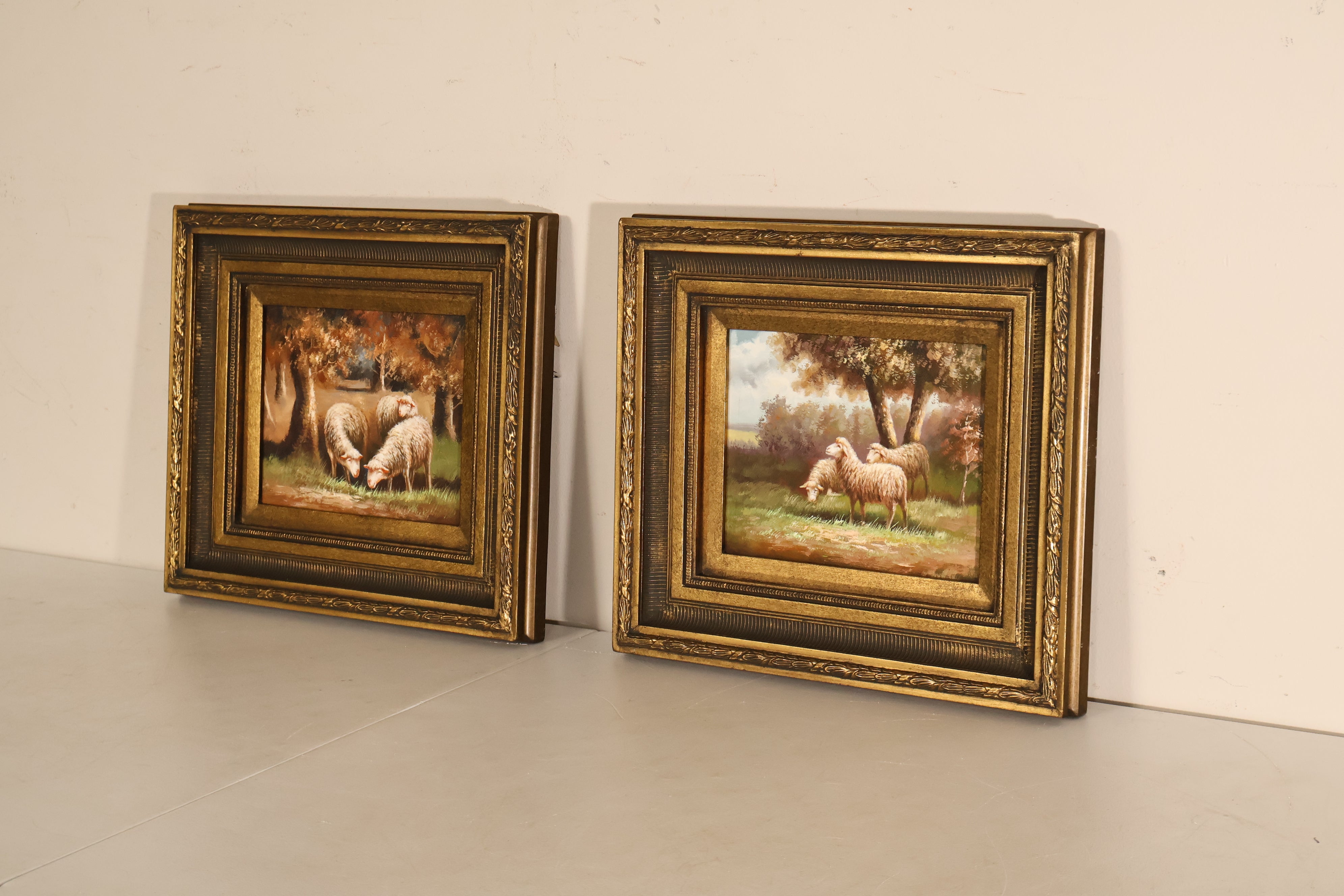 Continental Style Pair of Pastoral Landscape Paintings With Sheep