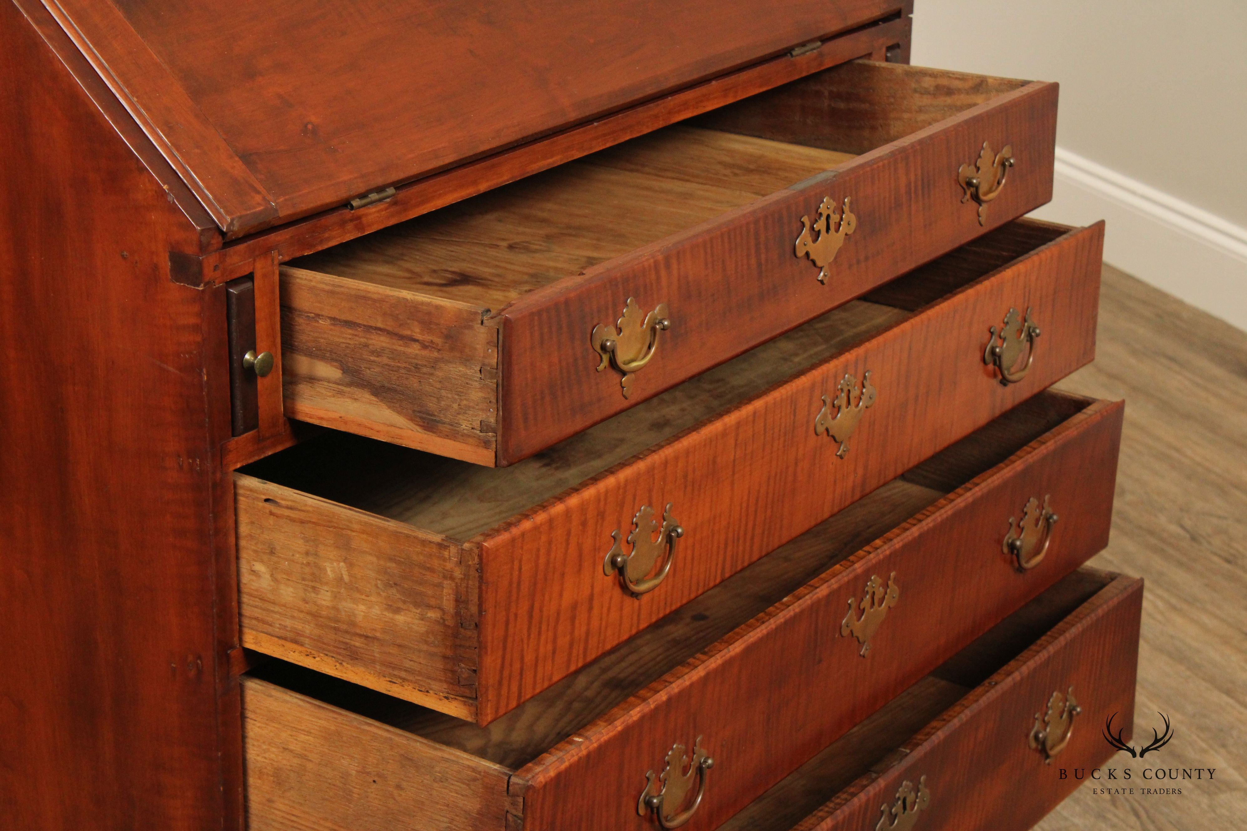 Tiger Maple Chippendale Style Antique Slant Front Desk