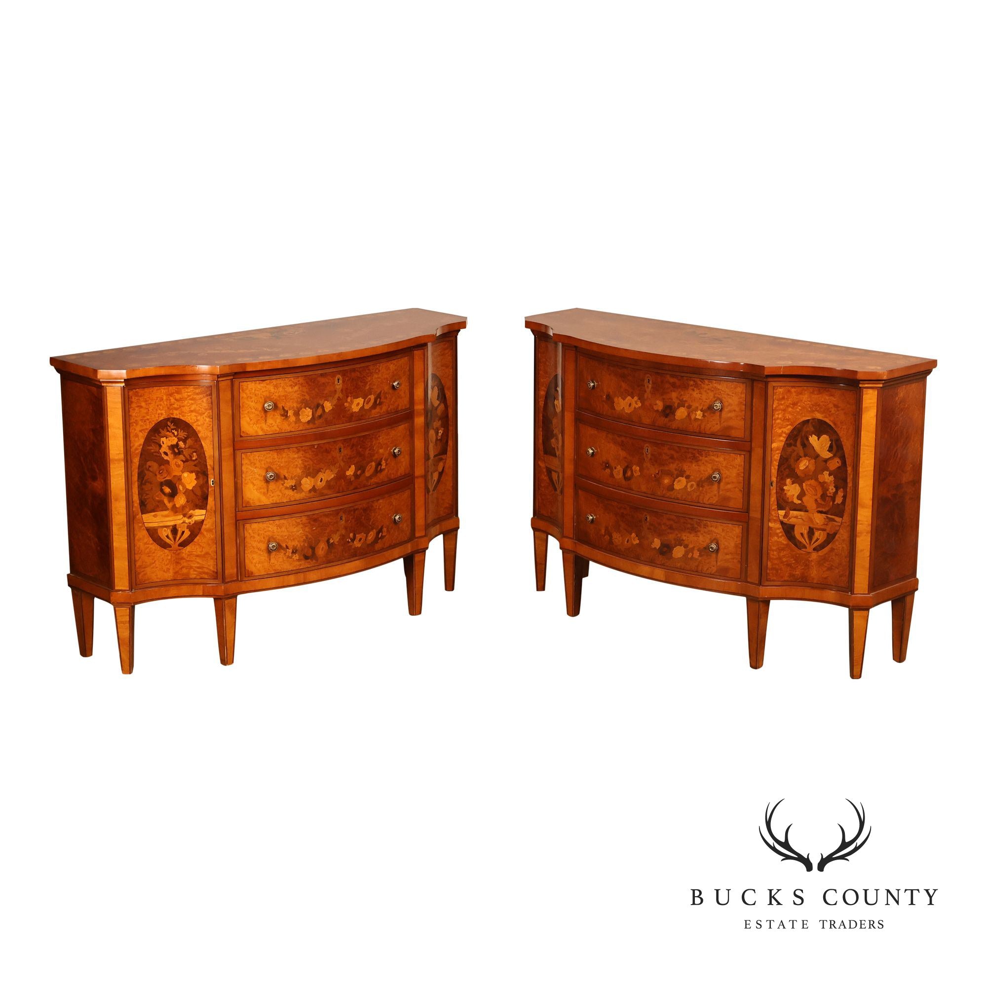 Italian Neoclassical Style Pair of Burl Wood Inlaid Sideboards