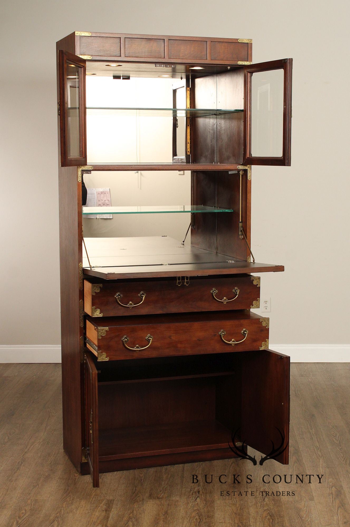 Henredon Asian Style Brass Mounted Walnut Bar Cabinet