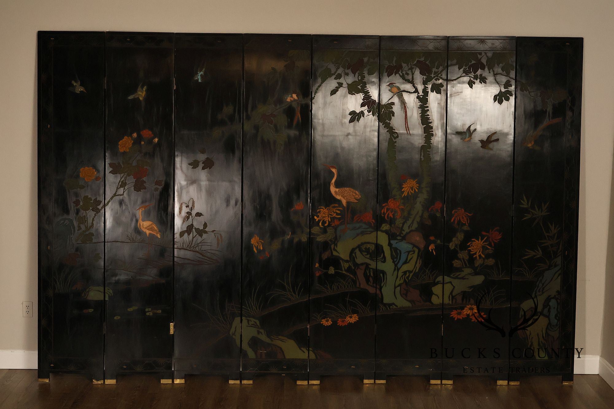 Chinese Coromandel Style Pair Of Eight Panel Folding Screens