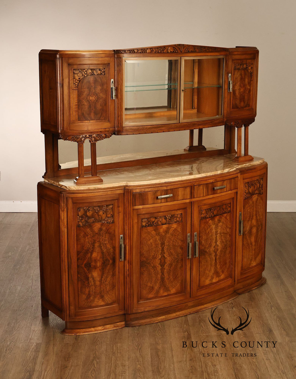 Antique European Art Deco Burl Walnut Marble Top Buffet With Art Nouveau Influence