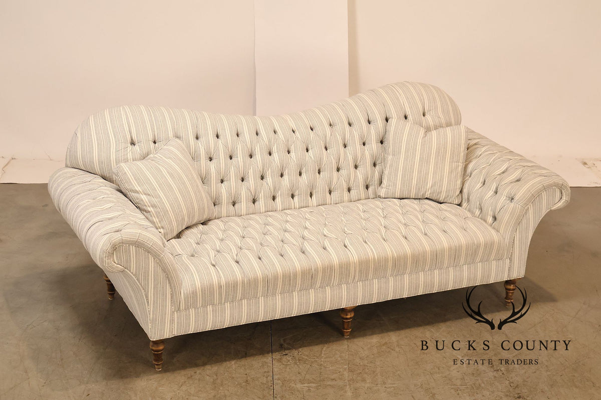 Cambridge Collection Tufted Blue And White Striped Upholstered Sofa