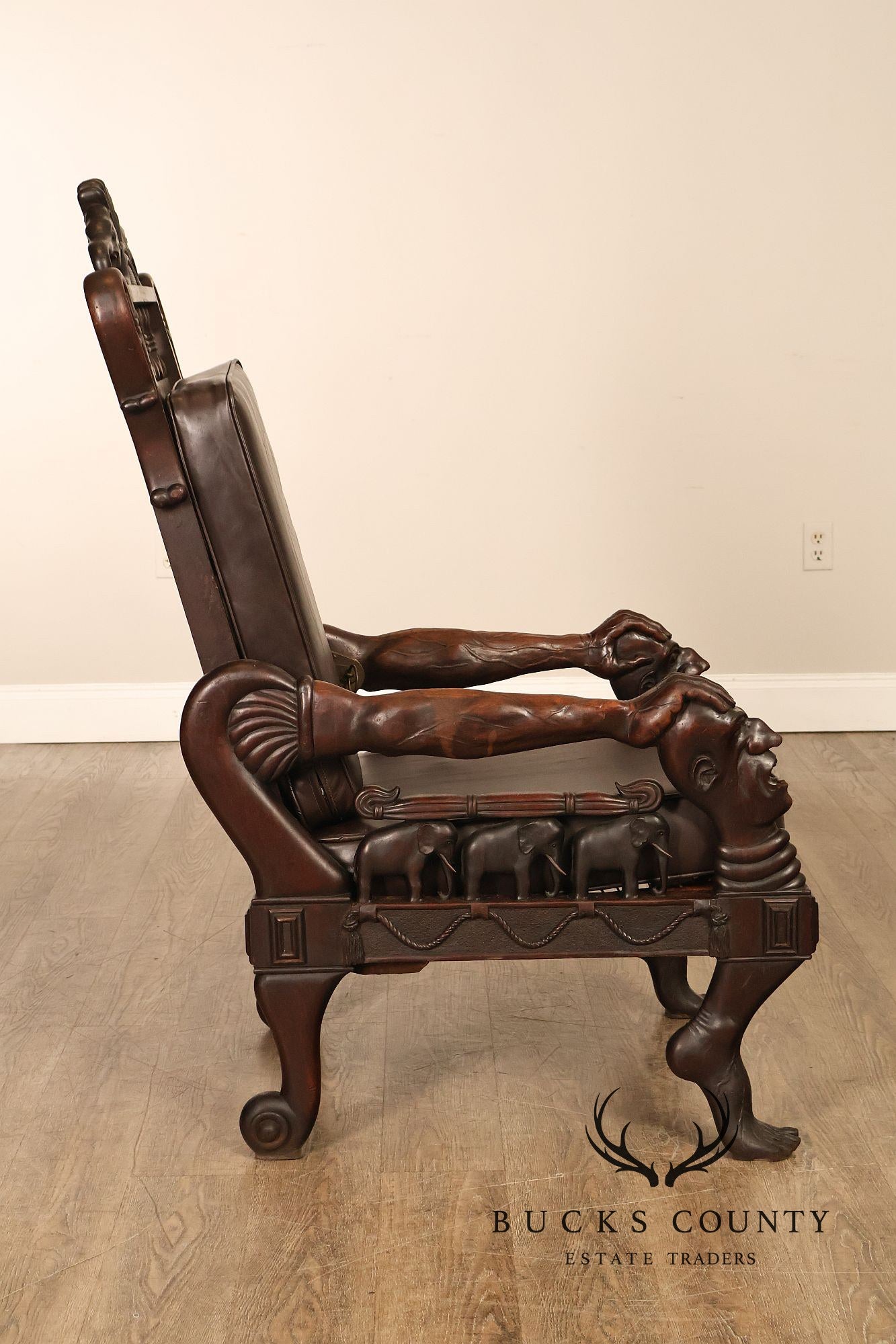Exceptional 19th Century Anglo-Indian / Burmese Colonial Figural Carved Hardwood Throne Armchair