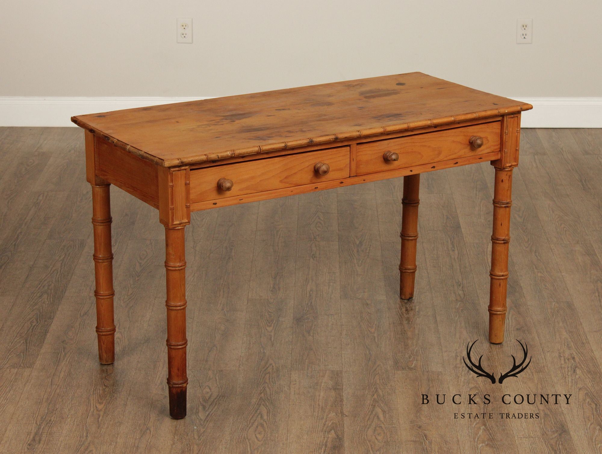 Antique Faux Bamboo Two-Drawer English Pine Writing Desk