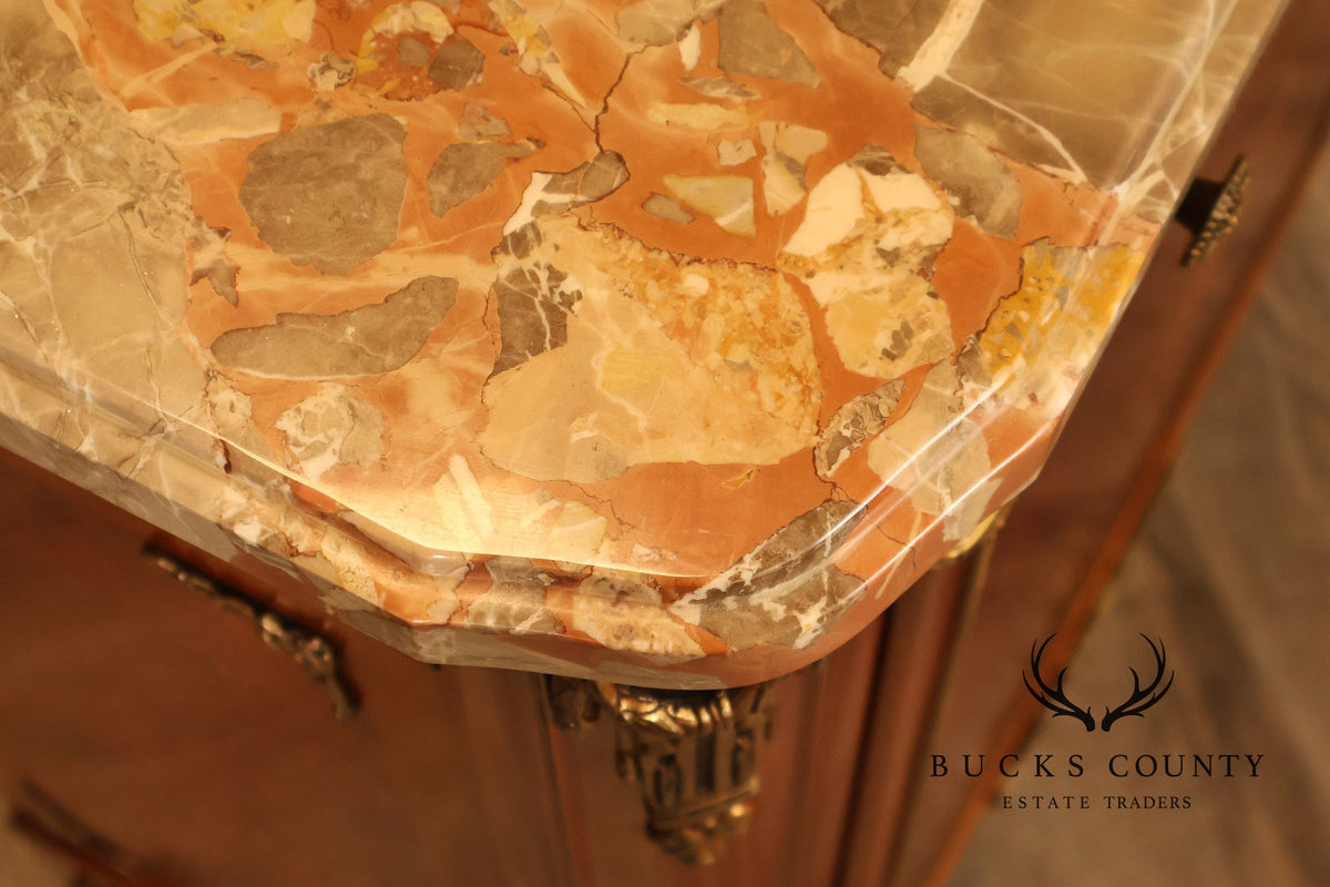 Louis XVI Style Marble Top Marquetry And Bronze Mounted Cabinet