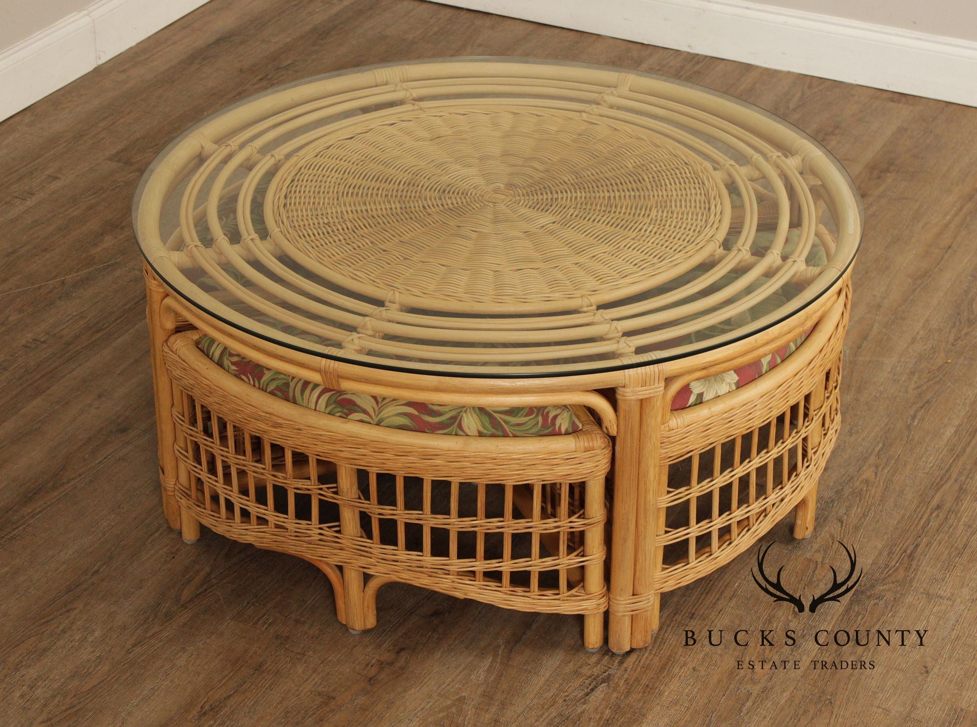 Braxton Culler Raffles Collection Round Rattan Coffee Table with Stools