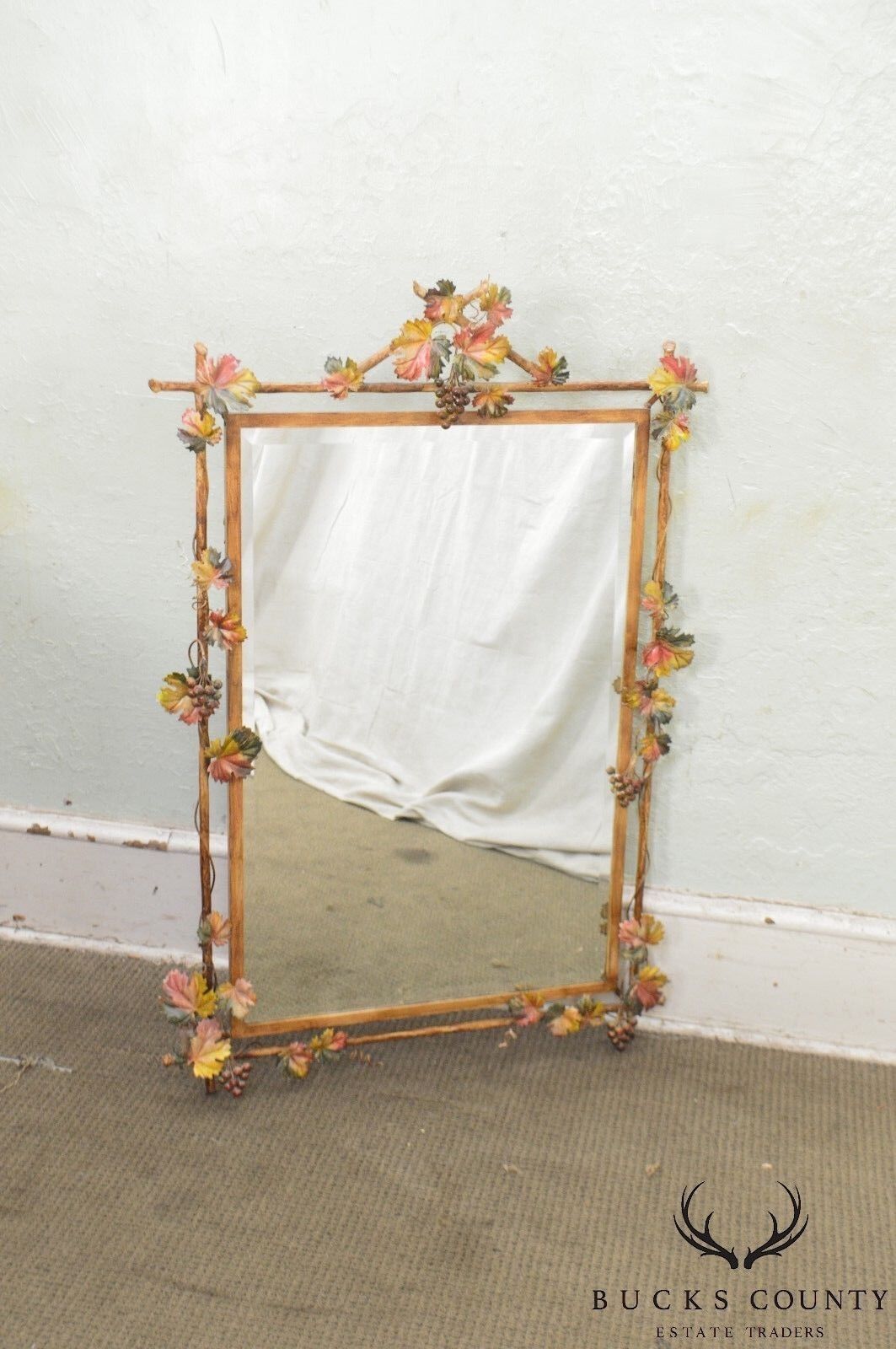 LaBarge Italian Painted Tole Metal Grapevine Beveled Wall Mirror