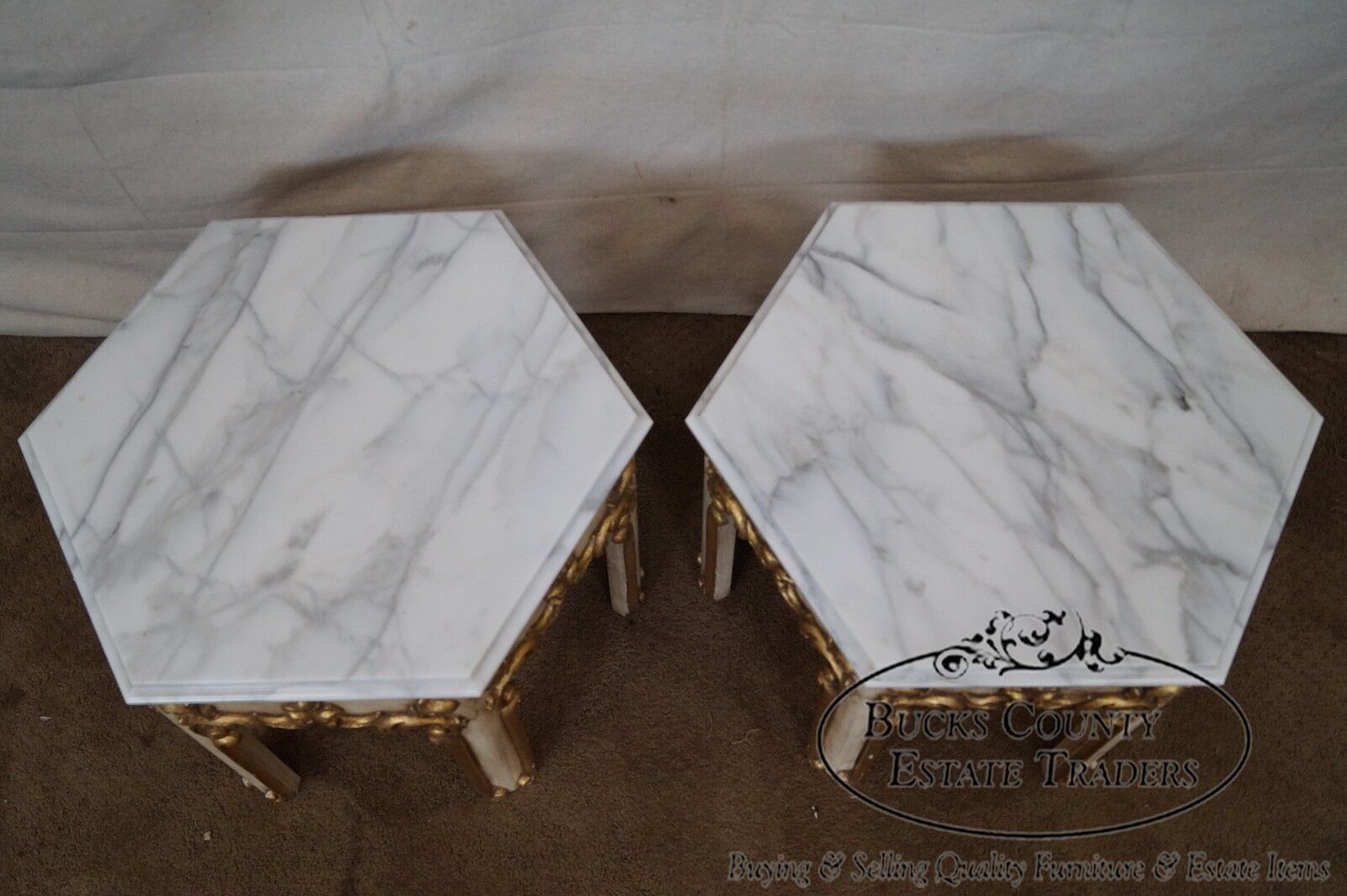 Quality Pair of Hollywood Regency Partial Gilt Hexagon Marble Top Side Tables