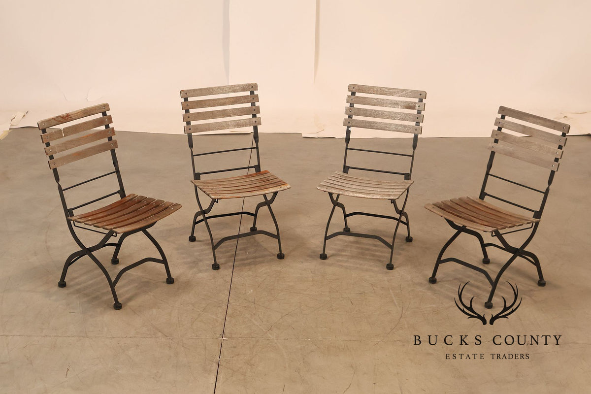 French Style Set of Four Teak and Wrought Iron Bistro Chairs