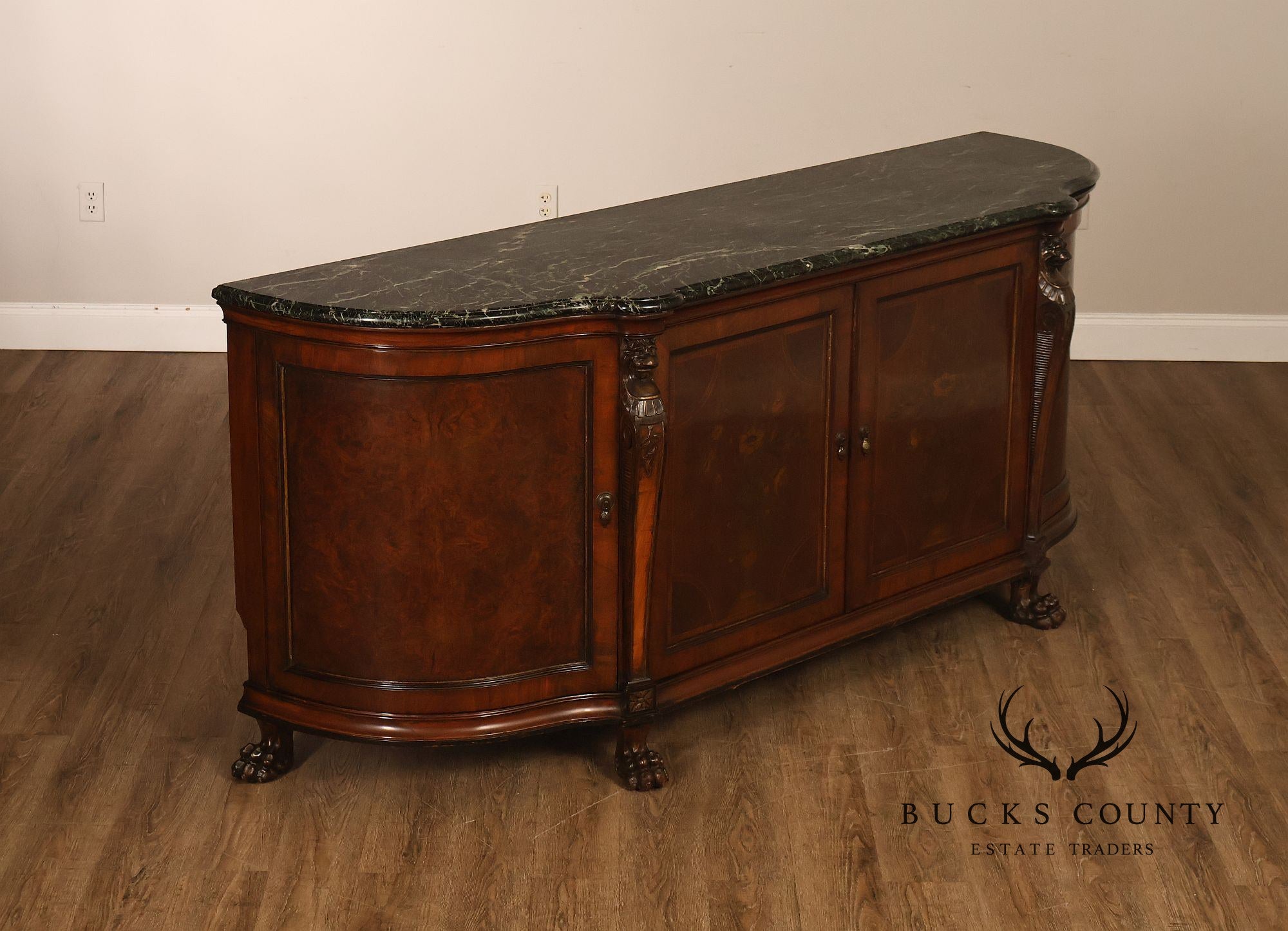 Antique Marble Top Mahogany Inlaid Figural Carved Buffet Sideboard