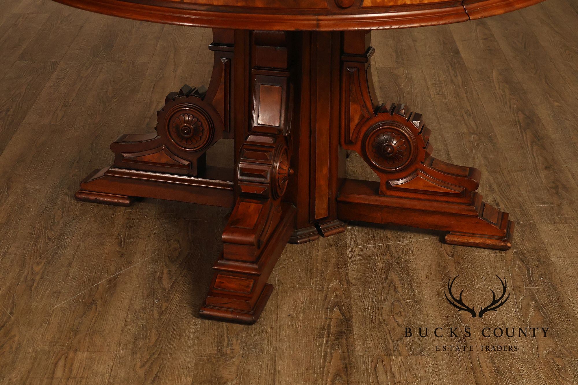 Antique Victorian Renaissance Revival Round Walnut Split Pedestal Extension Dining Table