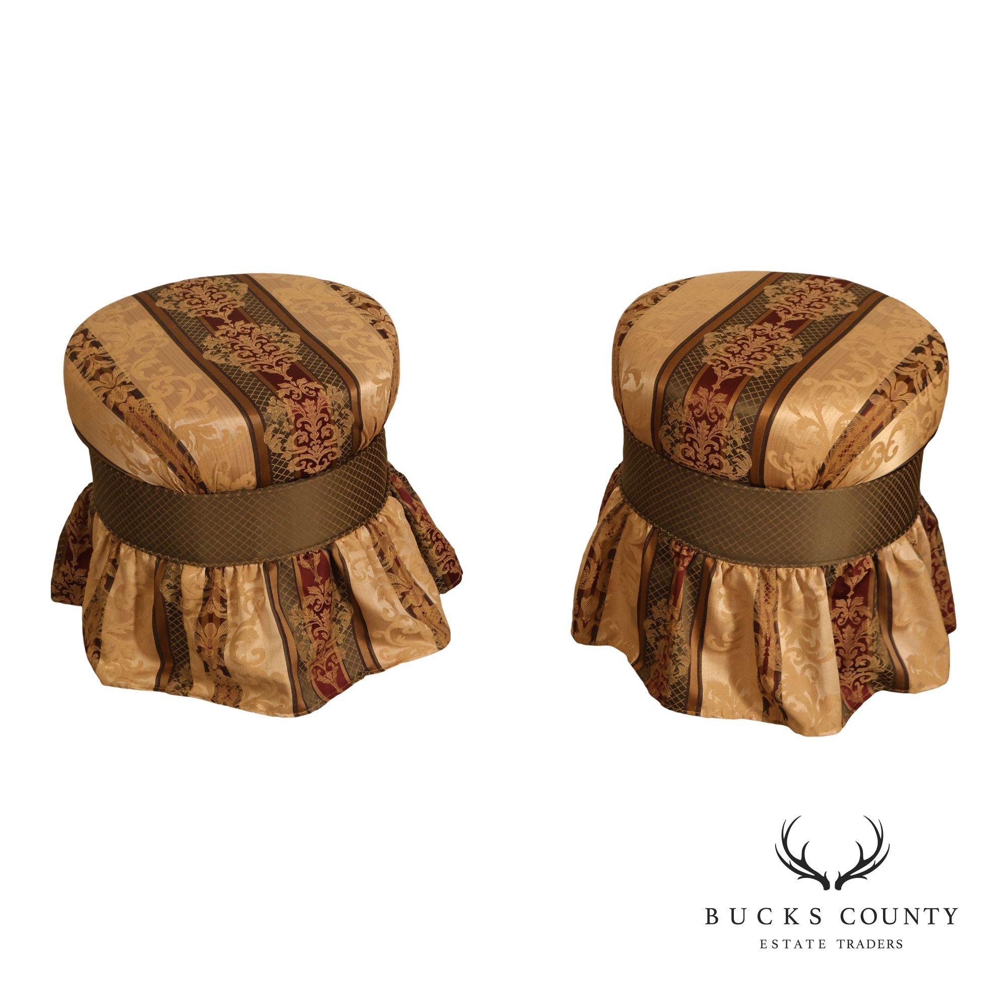 Pair Of Traditional Upholstered Skirted Round Ottomans