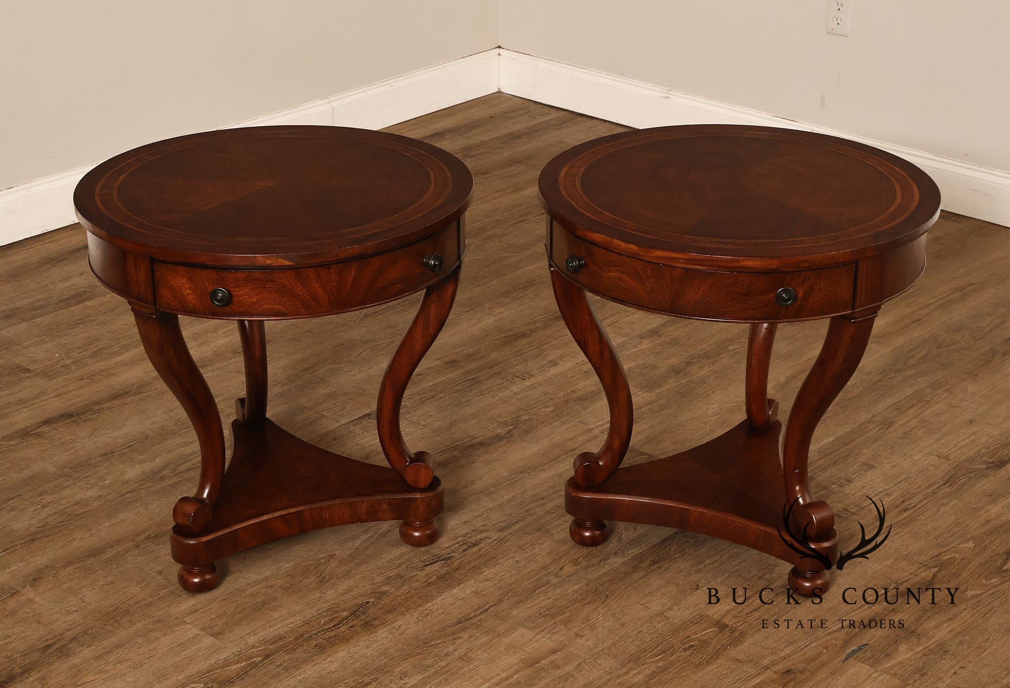 Theodore Alexander Pair of 'Occasionally Italian' Round Mahogany Side Tables