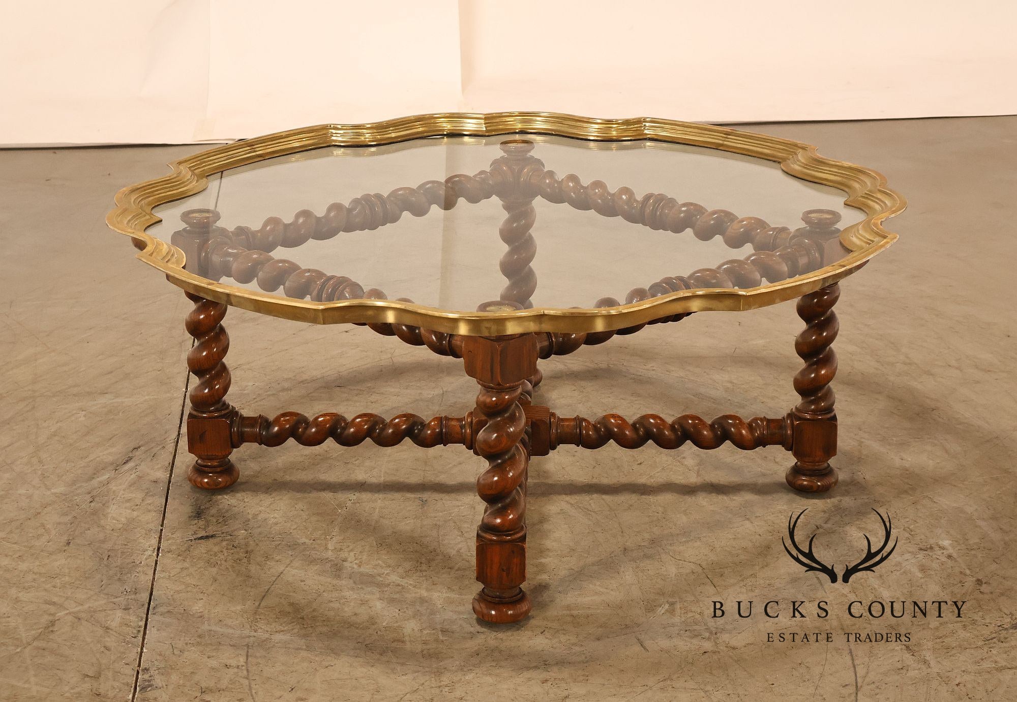 Baker Vintage Oak Barley Twist Scalloped Brass And Glass Top Coffee Table