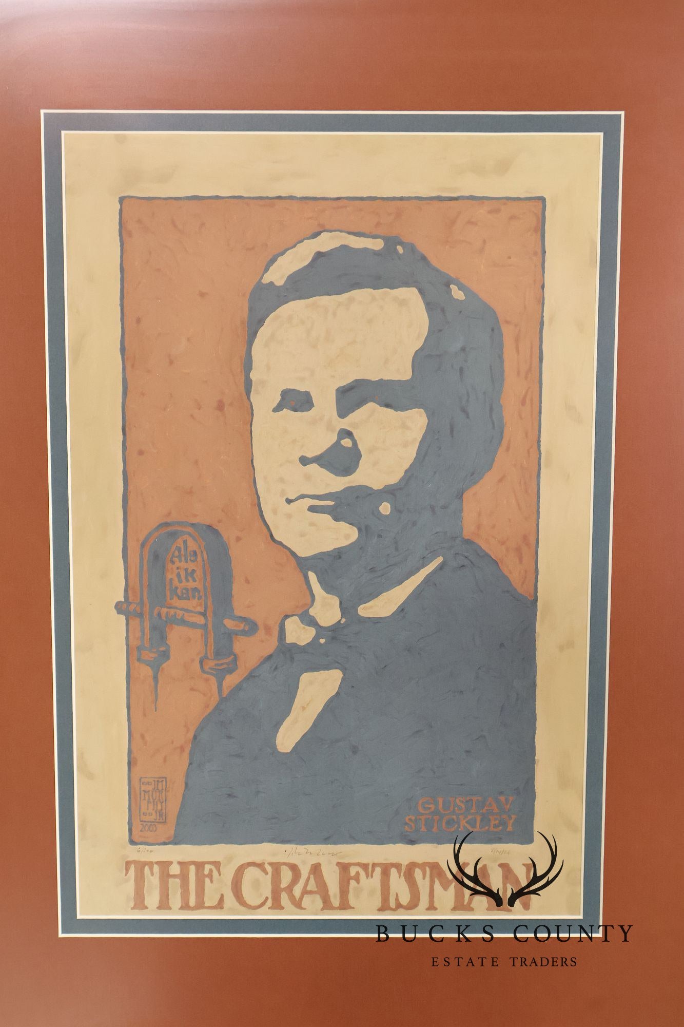 Double Matted Wood Framed Lithograph of Gustav Stickley Portrait