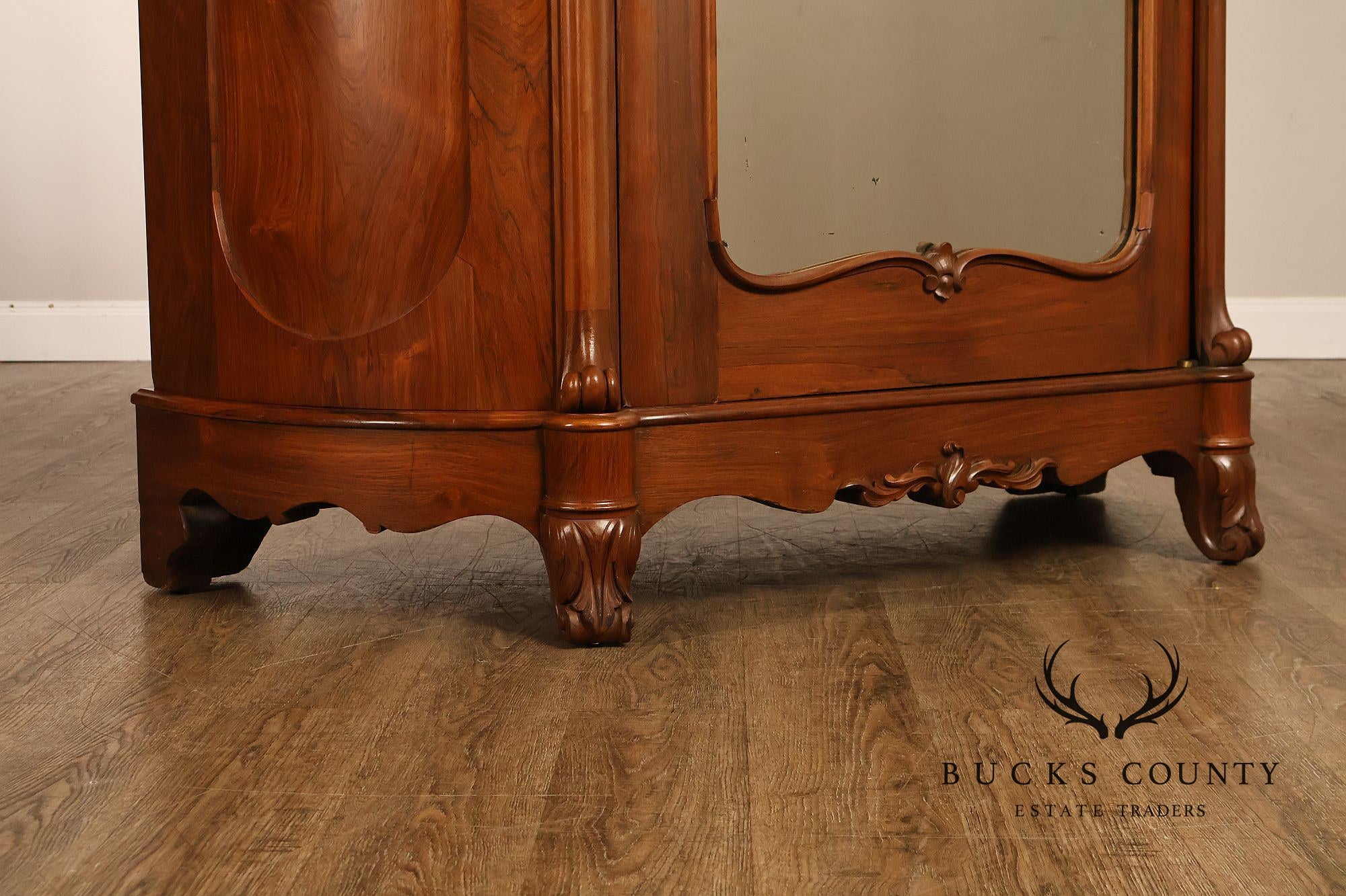 Antique Renaissance Revival Louis XV Style Carved Walnut Mirrored Armoire