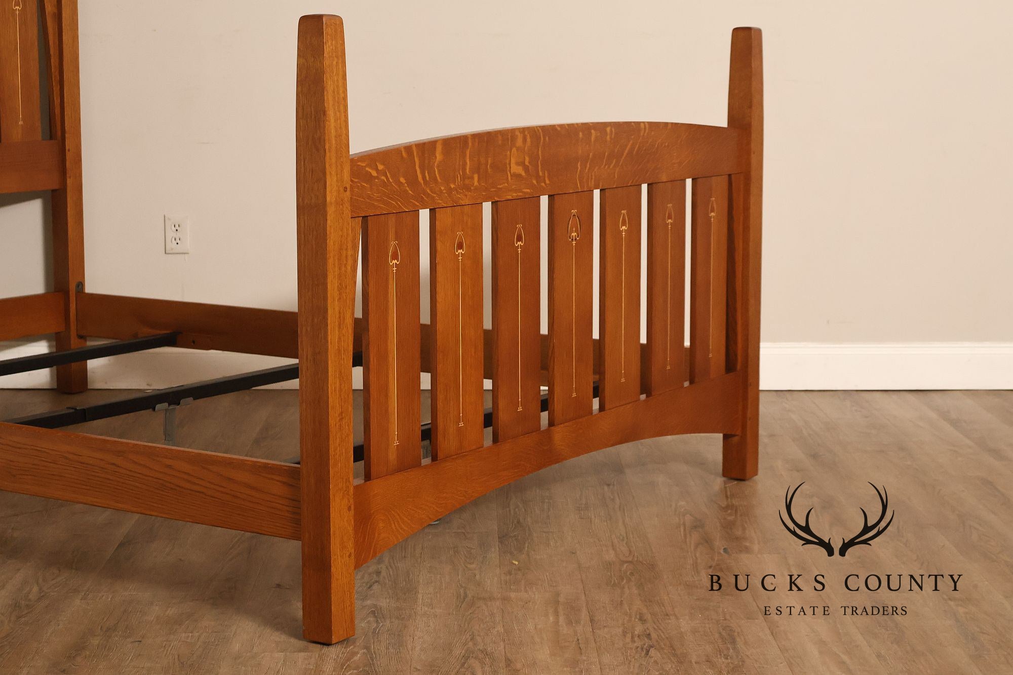 Stickley Mission Collection Harvey Ellis Inlaid Oak Queen Bed