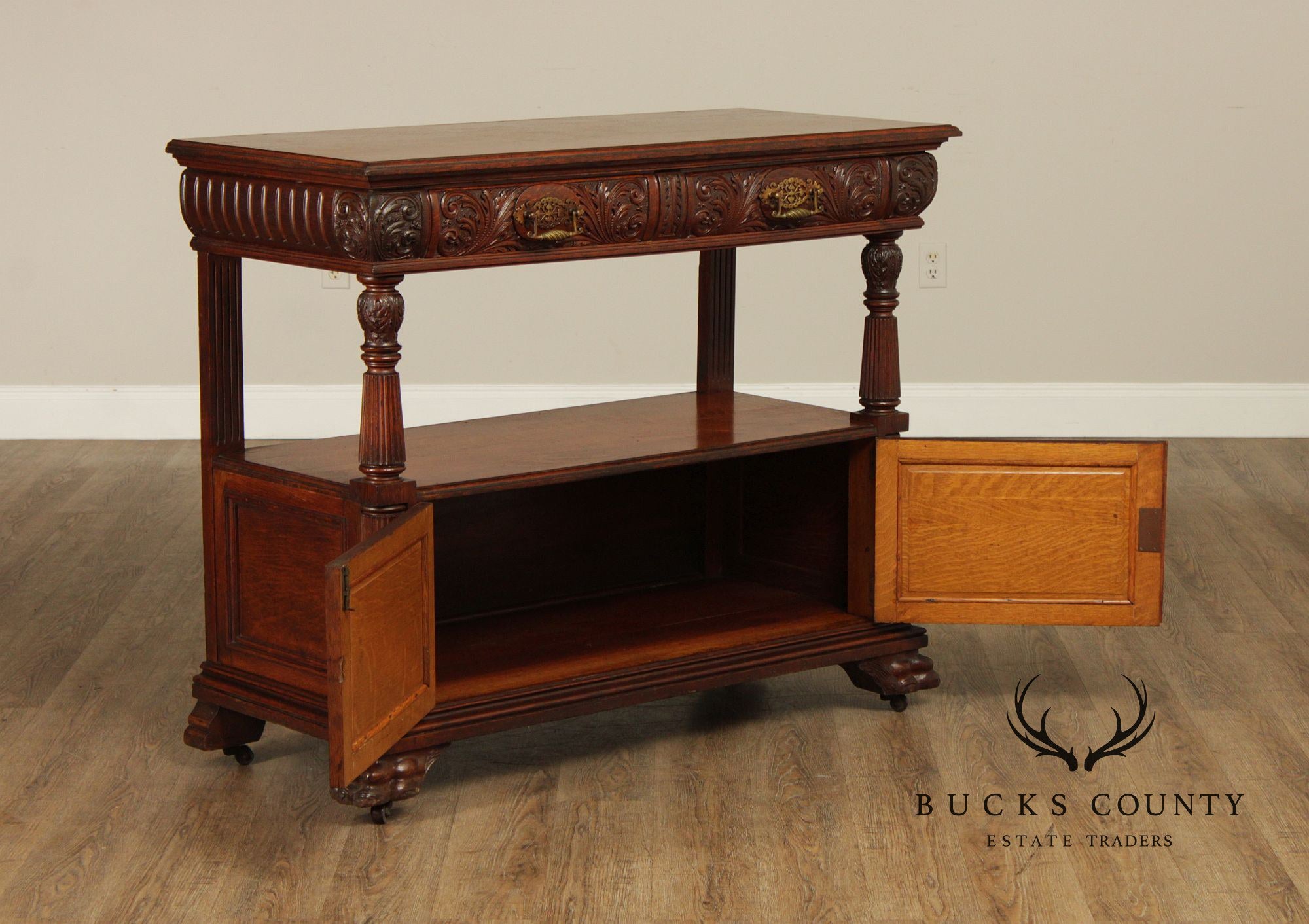 Antique Carved Oak Server Cabinet In The Manner Of R. J. Horner