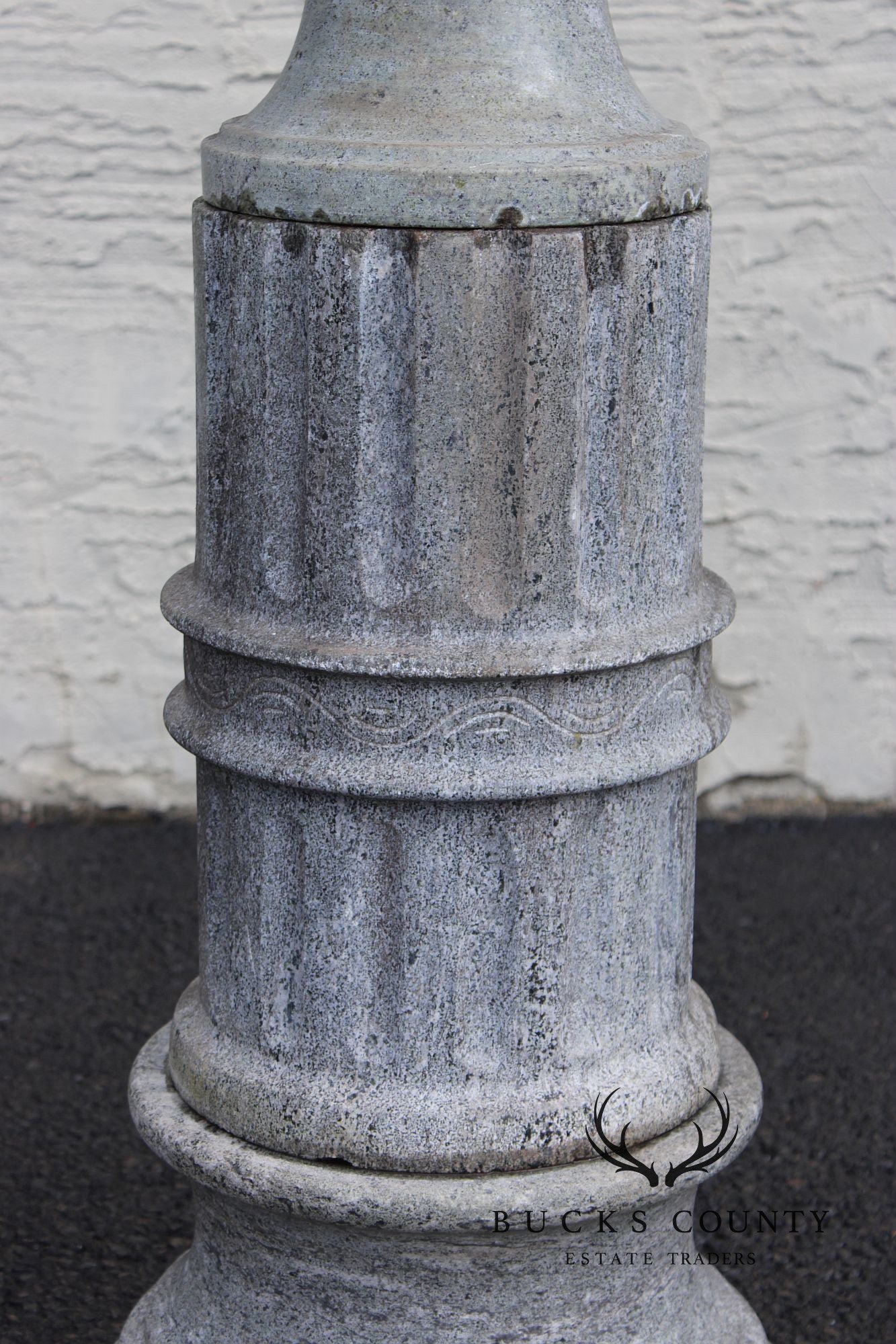 Vintage Pair Of Carved Granite Three-Piece Garden Urns On Pedestals