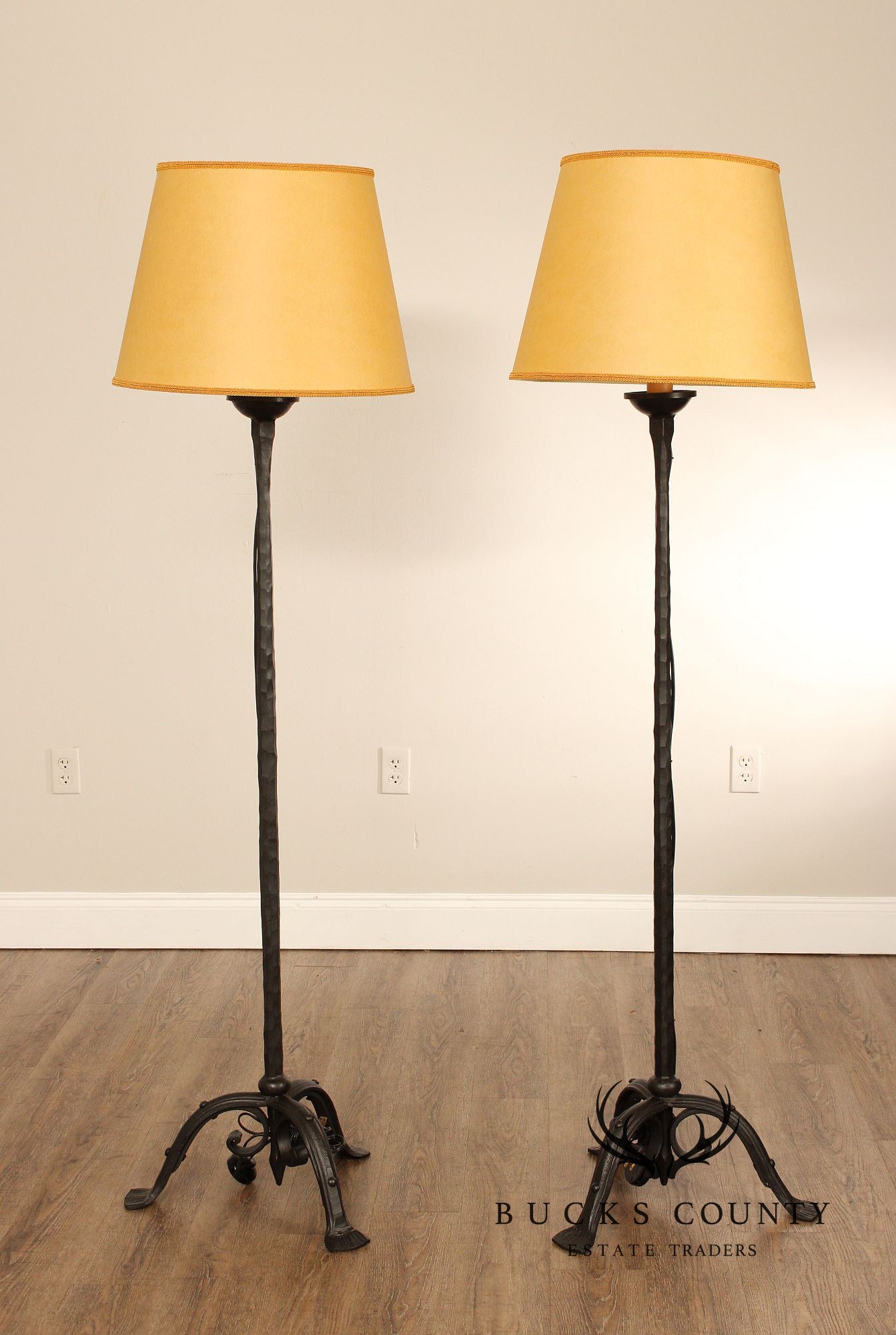 Gothic Revival Style Pair of Forged Iron Torchiere Floor Lamps