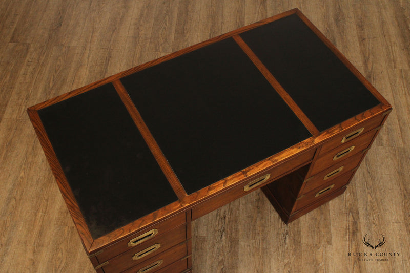 Sligh Campaign Style Vintage Oak and Brass Leather Top Writing Desk