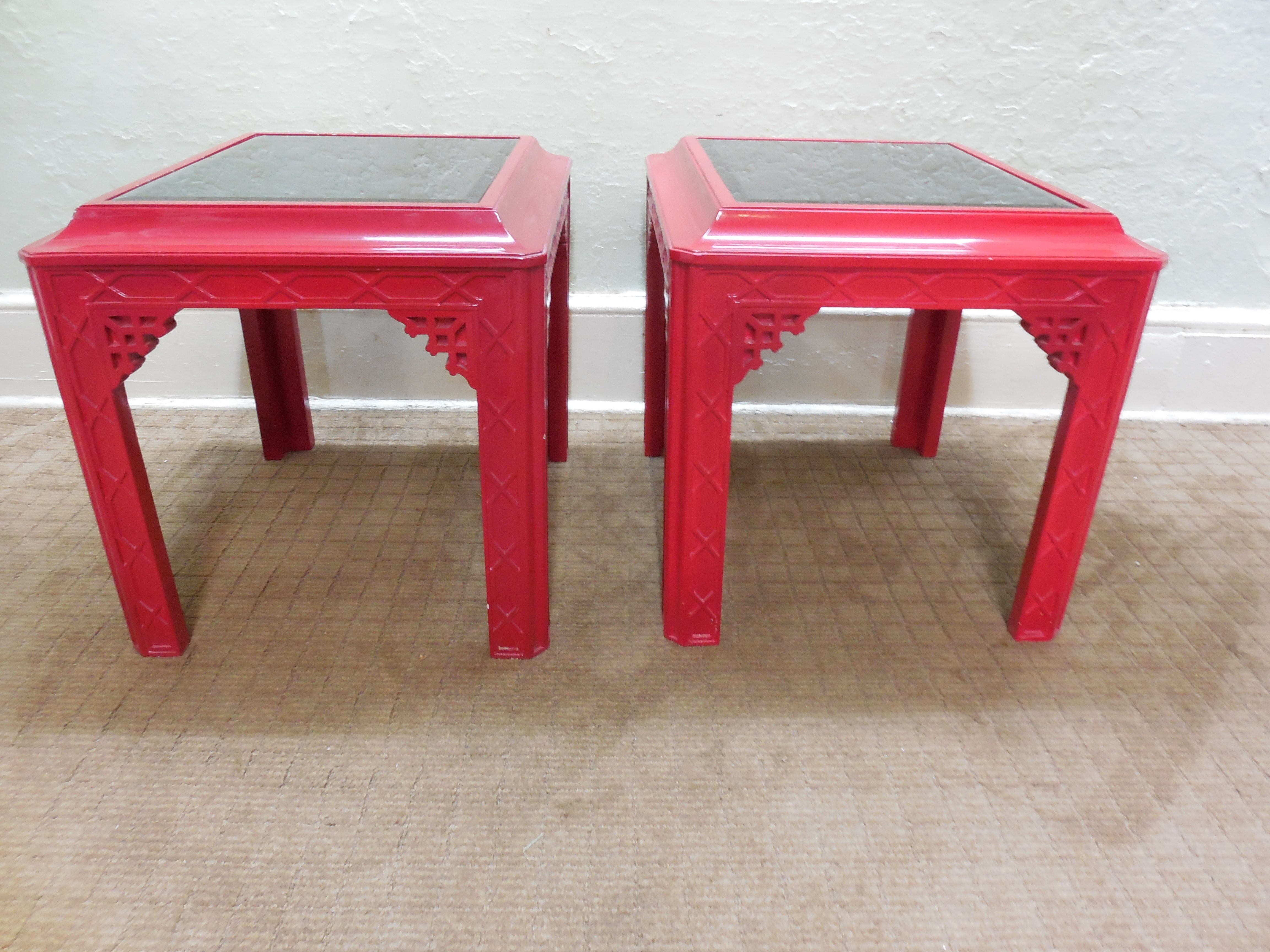 Hollywood Regency Chinese Chippendale Lacquered Mirrored Top End Tables