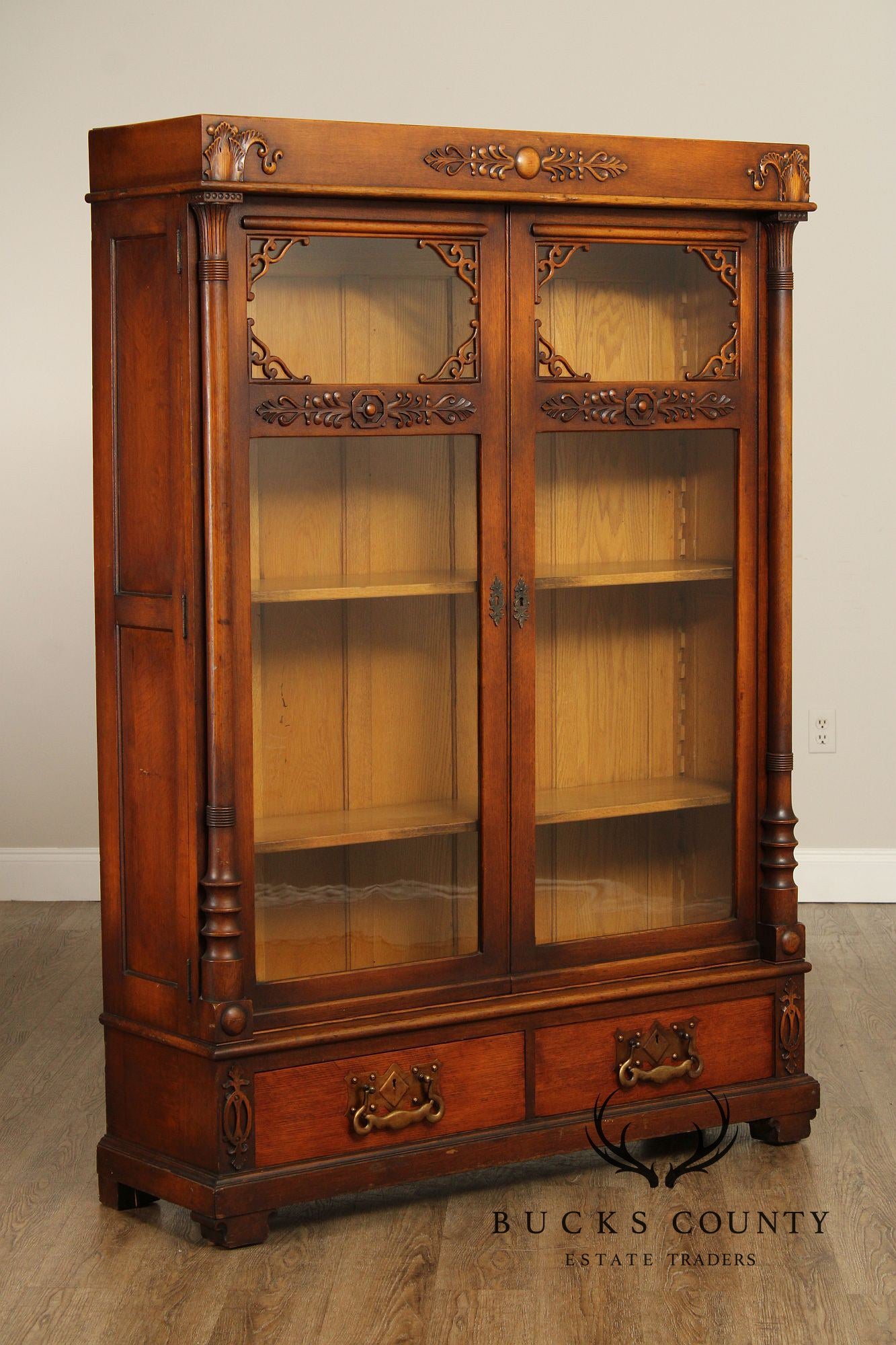 Antique Victorian Carved Oak Two-Door Bookcase