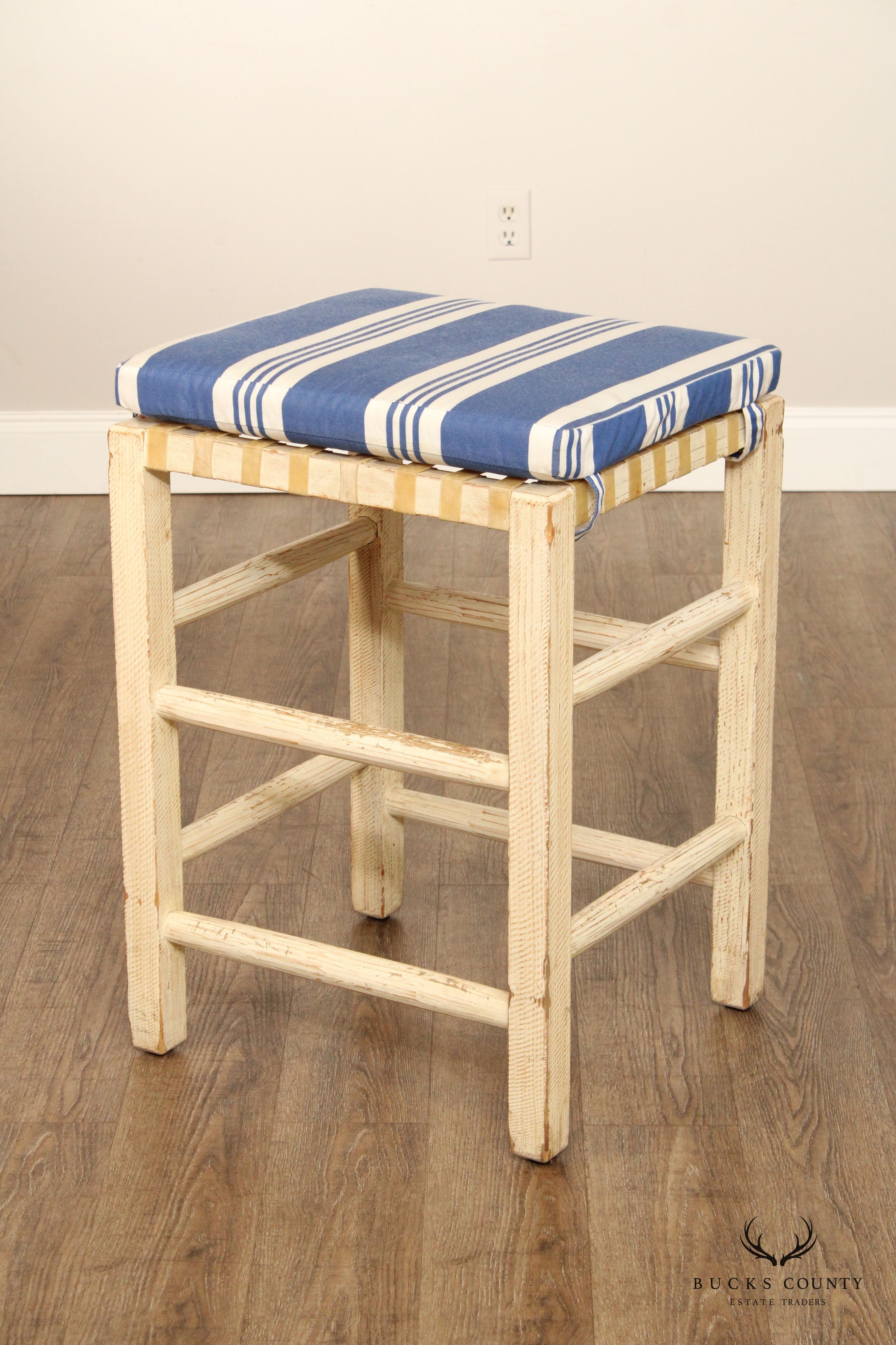 Farmhouse Style Set of Three Distress Painted Bar Stools